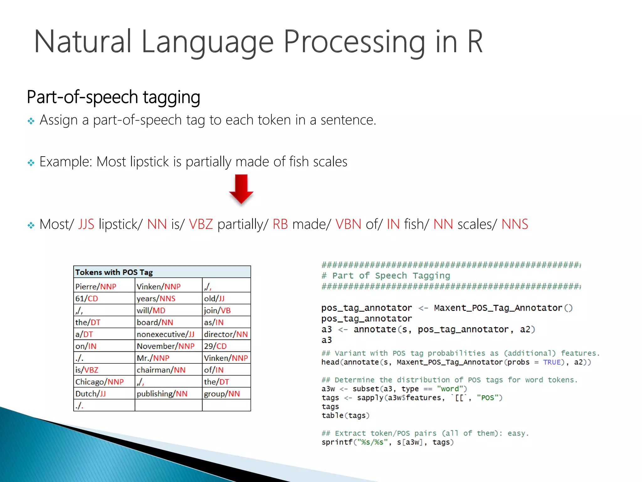 Part-of-speech tagging
 Assign a part-of-speech tag to each token in a sentence.
 Example: Most lipstick is partially made of fish scales
 Most/ JJS lipstick/ NN is/ VBZ partially/ RB made/ VBN of/ IN fish/ NN scales/ NNS
 