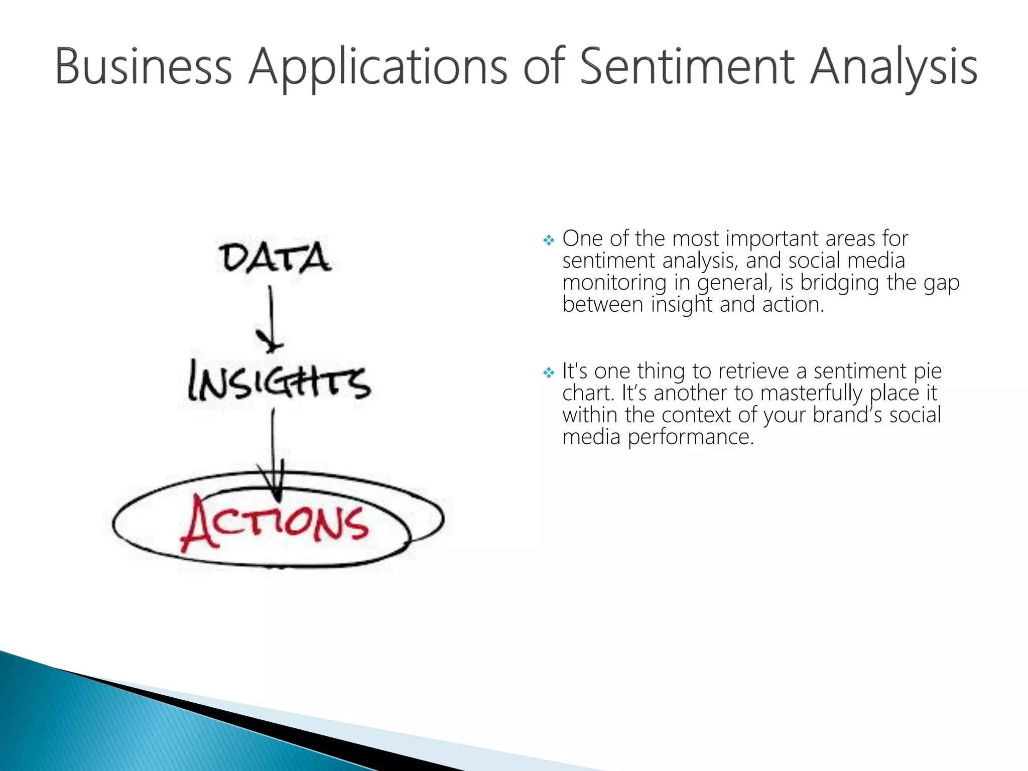  One of the most important areas for
sentiment analysis, and social media
monitoring in general, is bridging the gap
between insight and action.
 It's one thing to retrieve a sentiment pie
chart. It’s another to masterfully place it
within the context of your brand’s social
media performance.
 
