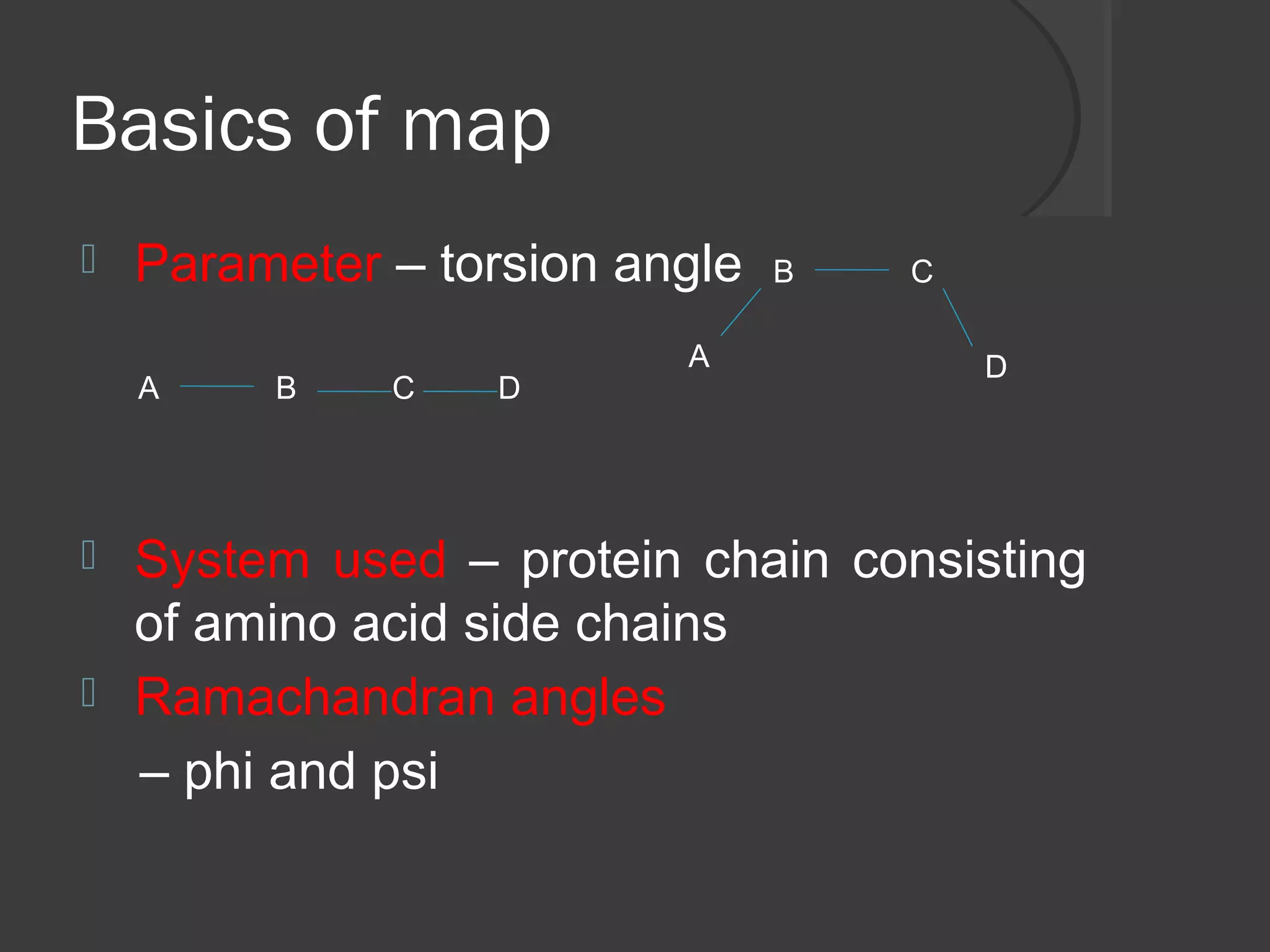 Basics of map
 Parameter – torsion angle
 System used – protein chain consisting
of amino acid side chains
 Ramachandran angles
– phi and psi
A B C D
B C
A D
 