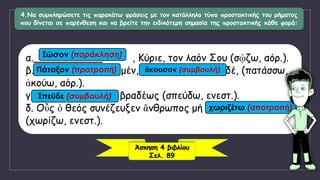 4.Να συμπληρώσετε τις παρακάτω φράσεις με τον κατάλληλο τύπο προστακτικής του ρήματος
που δίνεται σε παρένθεση και να βρείτε την ειδικότερη σημασία της προστακτικής κάθε φορά:
α.___________ , Κύριε, τον λαόν Σου (σῴζω, αόρ.).
β. ___________ μέν, ___________ δέ, (πατάσσω,
ἀκούω, αόρ.).
γ. ___________ βραδέως (σπεύδω, ενεστ.).
δ. Οὗς ὁ θεός συνέζευξεν ἄνθρωπος μή ___________
(χωρίζω, ενεστ.).
Σῶσον (παράκληση)
Πάταξον (προτροπή) ἄκουσον (συμβουλή)
Σπεῦδε (συμβουλή)
χωριζέτω (αποτροπή)
Άσκηση 4 βιβλίου
Σελ. 89
 