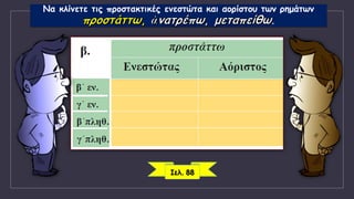 Να κλίνετε τις προστακτικές ενεστώτα και αορίστου των ρημάτων
.
Σελ. 88
 