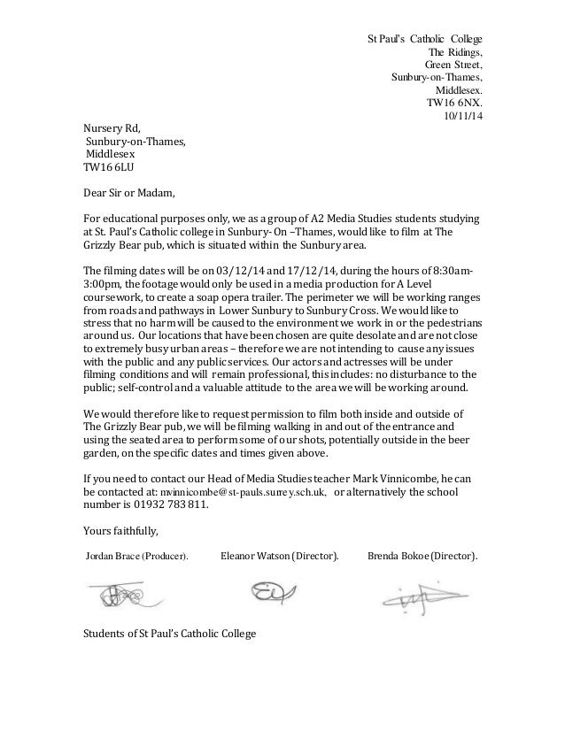 Permission Letter To The Film Pub