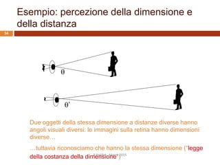 Esempio: percezione della dimensione e
della distanza
Due oggetti della stessa dimensione a distanze diverse hanno
angoli visuali diversi: le immagini sulla retina hanno dimensioni
diverse…
…tuttavia riconosciamo che hanno la stessa dimensione (“legge
della costanza della dimensione”)

’
R.Polillo - Marzo 2015
34
 