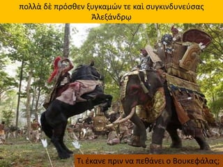 πολλὰ δὲ πρόσθεν ξυγκαμών τε καὶ συγκινδυνεύσας
Ἀλεξάνδρῳ
Τι έκανε πριν να πεθάνει ο Βουκεφάλας;
 