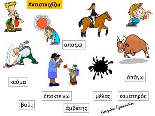 καματηρός
καύμα
ἀμβάτης
ἀπαξιῶ
βοῦς
ἀποκτείνω μέλας
ἀπάγω
Αντιστοιχίζω
 