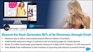 Beyond the Rack Generates 66% of its Revenues through Email
 Needed a way to deliver personalized product offers to millions of members
 Implemented responsive design to optimize email and landing pages for mobile devices
 Sends 2.5 million dynamically personalized versions of its daily email. Produces 12-18% revenue lift
 Uses Mobile Push notifications to alert members of upcoming sale relevant to product interest
 