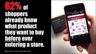 of
shoppers
already know
what product
they want to buy
before ever
entering a store.
Bazaarvoice: "Social Trends Report 2013"
 