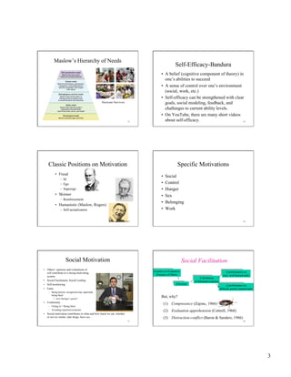 3
13
Maslow’s Hierarchy of Needs
Hurricane Survivors
MenahemKahana/AFP/GettyImagesMarioTama/GettyImages
DavidPortnoy/GettyImagesforSternJoeSkipper/Reuters/Corbis
14
Self-Efficacy-Bandura
•  A belief (cognitive component of theory) in
one’s abilities to succeed
•  A sense of control over one’s environment
(social, work, etc.)
•  Self-efficacy can be strengthened with clear
goals, social modeling, feedback, and
challenges to current ability levels.
•  On YouTube, there are many short videos
about self-efficacy.
15
Classic Positions on Motivation
•  Freud
–  Id
–  Ego
–  Superego
•  Skinner
–  Reinforcement
•  Humanistic (Maslow, Rogers)
–  Self-actualization
Specific Motivations
•  Social
•  Control
•  Hunger
•  Sex
•  Belonging
•  Work
16
17
Social Motivation
•  Others’ opinions and evaluations of
self contribute to a strong motivating
system
•  Social Facilitation, Social Loafing
•  Self-monitoring
•  Fame
–  Being known, recognized may supersede
being liked
•  Jerry Springer’s guests?
•  Conformity
–  Fitting in = Being liked
–  Avoiding rejection/exclusion
•  Social motivation contributes to what and how much we eat, whether
or not we smoke, take drugs, have sex…
18
Coactive or Evaluative
Presence of Others
⇑ likelihood
of dominant response
⇑ performance on
easy, well-learned tasks
⇓ performance on
difficult, poorly learned tasks
But, why?
(1) Compresence (Zajonc, 1966)
(2) Evaluation apprehension (Cottrell, 1968)
(3) Distraction-conflict (Baron & Sanders, 1986)
⇑Arousal
 