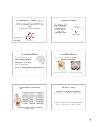 5
25
The Importance of Glucose: C6H12O6
Increases in insulin (a hormone affecting pancreas,
liver, muscle, and fat tissue) decreases glucose in the
blood.
Decreased glucose makes us feel hungry.
Glucose Molecule
Insulin also affects
brain: improves
verbal memory 26
Glucose & the Brain
Levels of glucose in the
blood are monitored by
receptors (neurons) in the
stomach, liver, and
intestines. They send
signals to the
hypothalamus in the
brain. Rat Hypothalamus
27
Hypothalamic Centers
The lateral hypothalamus (LH)
brings on hunger (stimulation).
Destroy the LH, and the animal
has no interest in eating.
With the LH intact, the reduction of blood glucose leads
rats to eat ravenously.
28
Hypothalamic Centers
The ventromedial hypothalamus (VMH) depresses
hunger (when stimulated).
If you destroy the VMH, the animal eats excessively.
29
Hypothalamus & Hormones
The hypothalamus monitors a number of hormones that
are related to hunger.
Hormone Tissue Response
Orexin increase Hypothalamus Increases hunger
Ghrelin increase Stomach Increases hunger
Insulin increase Pancreas Increases hunger
Leptin increase Fat cells Decreases hunger
PPY increase Digestive tract Decreases hunger
30
Set-Point Theory
Manipulating the lateral and the ventromedial
hypothalamus alters the body’s “weight thermostat.”
If weight is lost, food intake increases and energy expenditure
decreases. If weight is gained, the opposite takes place.
 