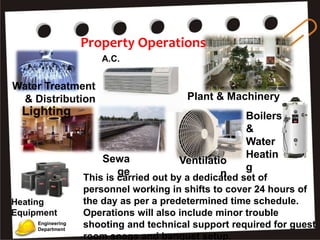 This is carried out by a dedicated set of
personnel working in shifts to cover 24 hours of
the day as per a predetermined time schedule.
Operations will also include minor trouble
shooting and technical support required for guest
room snags and banquet setup.
Engineering
Department
Heating
Equipment
Ventilatio
n
A.C.
Water Treatment
& Distribution Plant & Machinery
Boilers
&
Water
Heatin
g
Sewa
ge
Lighting
Property Operations
 