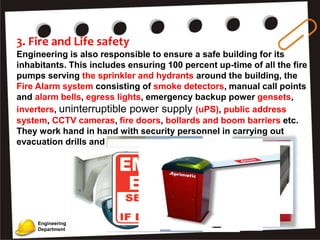 Engineering
Department
3. Fire and Life safety
Engineering is also responsible to ensure a safe building for its
inhabitants. This includes ensuring 100 percent up-time of all the fire
pumps serving the sprinkler and hydrants around the building, the
Fire Alarm system consisting of smoke detectors, manual call points
and alarm bells, egress lights, emergency backup power gensets,
inverters, uninterruptible power supply (uPS), public address
system, CCTV cameras, fire doors, bollards and boom barriers etc.
They work hand in hand with security personnel in carrying out
evacuation drills and safety checks of the property.
 