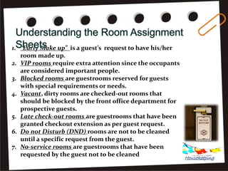 1. “Early Make up” is a guest’s request to have his/her
room made up.
2. VIP rooms require extra attention since the occupants
are considered important people.
3. Blocked rooms are guestrooms reserved for guests
with special requirements or needs.
4. Vacant, dirty rooms are checked-out rooms that
should be blocked by the front office department for
prospective guests.
5. Late check-out rooms are guestrooms that have been
granted checkout extension as per guest request.
6. Do not Disturb (DND) rooms are not to be cleaned
until a specific request from the guest.
7. No-service rooms are guestrooms that have been
requested by the guest not to be cleaned Housekeeping
 
