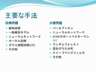 主要な手法
回帰問題 分類問題
 線形回帰
 一般線形モデル
 ニューラルネットワーク
 カーネル回帰
 ガウス過程回帰(GP)
 その他
 パーセプトロン
 ニューラルネットワーク
 SVM(サポートベクターマシ
ン)
 ランダムフォレスト
 混合ガウス分布
 ナイーブベイズフィルタ
 その他
 