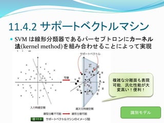 11.4.2 サポートベクトルマシン
 SVM は線形分類器であるパーセプトロンにカーネル
法(kernel method)を組み合わせることによって実現
される
複雑な分離面も表現
可能．汎化性能が大
変高い！便利！
識別モデル
 