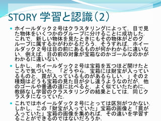 STORY 学習と認識（2）
 ホイールダック２号はクラスタリングによって，目で見
た物体をいくつかのグループに分けることに成功した．
これで，新しい物体を見たときにもその物体がどのグ
ループに属するかがわかるだろう．そうすれば，ホイー
ルダック２号は目の前にあるものが何かわかるに違いな
い．例えば，目の前の対象が宝箱なのかゴールなのかが
わかるに違いない．
 しかし，ホイールダック２号は宝箱を五つほど開けたと
ころで気づいた．「どうやら，宝箱には財宝が入ってい
るものと，罠が入っているものがあるらしい．」その２
種類はどうも宝箱の見た目が少し違うようなのだが，他
のゴールや普通の道に比べると，よく似ていたために，
教師なし学習のクラスタリングの結果としては，同じク
ラスタになっていた．
 これではホイールダック２号にとっては区別がつかない．
しかし，この「財宝が入っていた」宝箱の画像と「罠が
入っていた」宝箱の画像を集めれば，その違いを学習す
ることができるのではないだろうか．
 