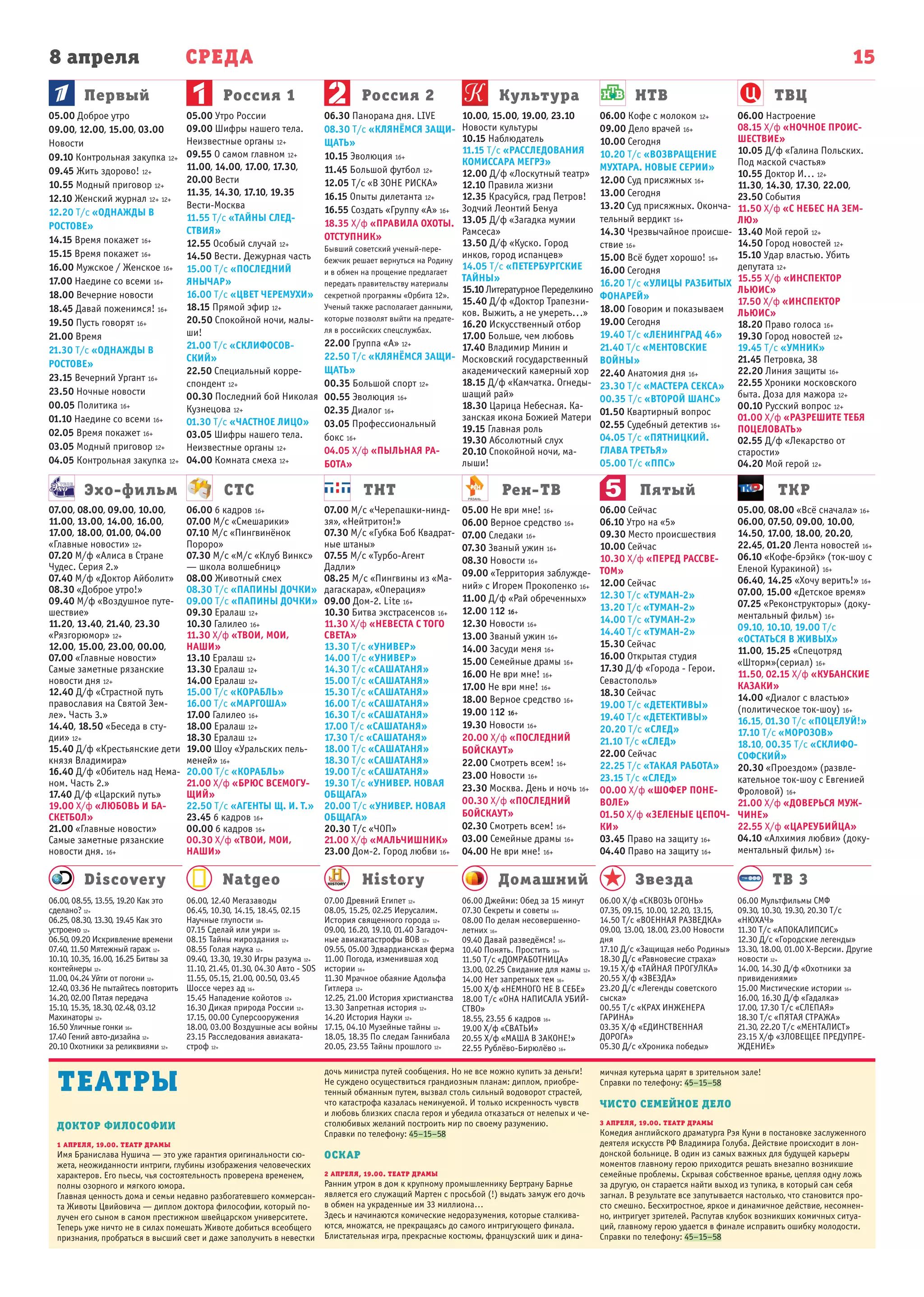 8 апреля СРЕДА
Первый
Эхо-фильм СТС ТНТ Рен-ТВ Пятый ТКР
Россия 1 Россия 2 Культура НТВ ТВЦ
15
Natgeo History Домашний Звезда ТВ 3Discovery
06.00 Мультфильмы СМФ
09.30, 10.30, 19.30, 20.30 Т/с
«НЮХАЧ»
11.30 Т/с «АПОКАЛИПСИС»
12.30 Д/с «Городские легенды»
13.30, 18.00, 01.00 Х-Версии. Другие
новости 12+
14.00, 14.30 Д/ф «Охотники за
привидениями»
15.00 Мистические истории 16+
16.00, 16.30 Д/ф «Гадалка»
17.00, 17.30 Т/с «СЛЕПАЯ»
18.30 Т/с «ПЯТАЯ СТРАЖА»
21.30, 22.20 Т/с «МЕНТАЛИСТ»
23.15 Х/ф «ЗЛОВЕЩЕЕ ПРЕДУПРЕ-
ЖДЕНИЕ»
06.00 Х/ф «СКВОЗЬ ОГОНЬ»
07.35, 09.15, 10.00, 12.20, 13.15,
14.50 Т/с «ВОЕННАЯ РАЗВЕДКА»
09.00, 13.00, 18.00, 23.00 Новости
дня
17.10 Д/с «Защищая небо Родины»
18.30 Д/с «Равновесие страха»
19.15 Х/ф «ТАЙНАЯ ПРОГУЛКА»
20.55 Х/ф «ЗВЕЗДА»
23.20 Д/с «Легенды советского
сыска»
00.55 Т/с «КРАХ ИНЖЕНЕРА
ГАРИНА»
03.35 Х/ф «ЕДИНСТВЕННАЯ
ДОРОГА»
05.30 Д/с «Хроника победы»
06.00 Джейми: Обед за 15 минут
07.30 Секреты и советы 16+
08.00 По делам несовершенно-
летних 16+
09.40 Давай разведёмся! 16+
10.40 Понять. Простить 16+
11.50 Т/с «ДОМРАБОТНИЦА»
13.00, 02.25 Свидание для мамы 12+
14.00 Нет запретных тем 16+
15.00 Х/ф «НЕМНОГО НЕ В СЕБЕ»
18.00 Т/с «ОНА НАПИСАЛА УБИЙ-
СТВО»
18.55, 23.55 6 кадров 16+
19.00 Х/ф «СВАТЬИ»
20.55 Х/ф «МАША В ЗАКОНЕ!»
22.55 Рублёво-Бирюлёво 16+
07.00 Древний Египет 12+
08.05, 15.25, 02.25 Иерусалим.
История священного города 12+
09.00, 16.20, 19.10, 01.40 Загадоч-
ные авиакатастрофы ВОВ 12+
09.55, 05.00 Эдвардианская ферма
11.00 Погода, изменившая ход
истории 16+
11.30 Мрачное обаяние Адольфа
Гитлера 12+
12.25, 21.00 История христианства
13.30 Запретная история 12+
14.20 История Науки 12+
17.15, 04.10 Музейные тайны 12+
18.05, 18.35 По следам Ганнибала
20.05, 23.55 Тайны прошлого 12+
06.00, 12.40 Мегазаводы
06.45, 10.30, 14.15, 18.45, 02.15
Научные глупости 18+
07.15 Сделай или умри 18+
08.15 Тайны мироздания 12+
08.55 Голая наука 12+
09.40, 13.30, 19.30 Игры разума 12+
11.10, 21.45, 01.30, 04.30 Авто - SOS
11.55, 05.15, 21.00, 00.50, 03.45
Шоссе через ад 16+
15.45 Нападение койотов 12+
16.30 Дикая природа России 12+
17.15, 00.00 Суперсооружения
18.00, 03.00 Воздушные асы войны
23.15 Расследования авиаката-
строф 12+
06.00, 08.55, 13.55, 19.20 Как это
сделано? 12+
06.25, 08.30, 13.30, 19.45 Как это
устроено 12+
06.50, 09.20 Искривление времени
07.40, 11.50 Мятежный гараж 12+
10.10, 10.35, 16.00, 16.25 Битвы за
контейнеры 12+
11.00, 04.24 Уйти от погони 12+
12.40, 03.36 Не пытайтесь повторить
14.20, 02.00 Пятая передача
15.10, 15.35, 18.30, 02.48, 03.12
Махинаторы 12+
16.50 Уличные гонки 16+
17.40 Гений авто-дизайна 12+
20.10 Охотники за реликвиями 12+
07.00, 08.00, 09.00, 10.00,
11.00, 13.00, 14.00, 16.00,
17.00, 18.00, 01.00, 04.00
«Главные новости» 12+
07.20 М/ф «Алиса в Стране
Чудес. Серия 2.»
07.40 М/ф «Доктор Айболит»
08.30 «Доброе утро!»
09.40 М/ф «Воздушное путе-
шествие»
11.20, 13.40, 21.40, 23.30
«Рязгорюмор» 12+
12.00, 15.00, 23.00, 00.00,
07.00 «Главные новости»
Самые заметные рязанские
новости дня 12+
12.40 Д/ф «Страстной путь
православия на Святой Зем-
ле». Часть 3.»
14.40, 18.50 «Беседа в сту-
дии» 12+
15.40 Д/ф «Крестьянские дети
князя Владимира»
16.40 Д/ф «Обитель над Нема-
ном. Часть 2.»
17.40 Д/ф «Царский путь»
19.00 Х/ф «ЛЮБОВЬ И БА-
СКЕТБОЛ»
21.00 «Главные новости»
Самые заметные рязанские
новости дня. 16+
06.00 6 кадров 16+
07.00 М/с «Смешарики»
07.10 М/с «Пингвинёнок
Пороро»
07.30 М/с «М/с «Клуб Винкс»
— школа волшебниц»
08.00 Животный смех
08.30 Т/с «ПАПИНЫ ДОЧКИ»
09.00 Т/с «ПАПИНЫ ДОЧКИ»
09.30 Ералаш 12+
10.30 Галилео 16+
11.30 Х/ф «ТВОИ, МОИ,
НАШИ»
13.10 Ералаш 12+
13.30 Ералаш 12+
14.00 Ералаш 12+
15.00 Т/с «КОРАБЛЬ»
16.00 Т/с «МАРГОША»
17.00 Галилео 16+
18.00 Ералаш 12+
18.30 Ералаш 12+
19.00 Шоу «Уральских пель-
меней» 16+
20.00 Т/с «КОРАБЛЬ»
21.00 Х/ф «БРЮС ВСЕМОГУ-
ЩИЙ»
22.50 Т/с «АГЕНТЫ Щ. И. Т.»
23.45 6 кадров 16+
00.00 6 кадров 16+
00.30 Х/ф «ТВОИ, МОИ,
НАШИ»
07.00 М/с «Черепашки-нинд-
зя», «Нейтритон!»
07.30 М/с «Губка Боб Квадрат-
ные штаны»
07.55 М/с «Турбо-Агент
Дадли»
08.25 М/с «Пингвины из «Ма-
дагаскара», «Операция»
09.00 Дом-2. Lite 16+
10.30 Битва экстрасенсов 16+
11.30 Х/ф «НЕВЕСТА С ТОГО
СВЕТА»
13.30 Т/с «УНИВЕР»
14.00 Т/с «УНИВЕР»
14.30 Т/с «САШАТАНЯ»
15.00 Т/с «САШАТАНЯ»
15.30 Т/с «САШАТАНЯ»
16.00 Т/с «САШАТАНЯ»
16.30 Т/с «САШАТАНЯ»
17.00 Т/с «САШАТАНЯ»
17.30 Т/с «САШАТАНЯ»
18.00 Т/с «САШАТАНЯ»
18.30 Т/с «САШАТАНЯ»
19.00 Т/с «САШАТАНЯ»
19.30 Т/с «УНИВЕР. НОВАЯ
ОБЩАГА»
20.00 Т/с «УНИВЕР. НОВАЯ
ОБЩАГА»
20.30 Т/с «ЧОП»
21.00 Х/ф «МАЛЬЧИШНИК»
23.00 Дом-2. Город любви 16+
05.00 Не ври мне! 16+
06.00 Верное средство 16+
07.00 Следаки 16+
07.30 Званый ужин 16+
08.30 Новости 16+
09.00 «Территория заблужде-
ний» с Игорем Прокопенко 16+
11.00 Д/ф «Рай обреченных»
12.00 112 16+
12.30 Новости 16+
13.00 Званый ужин 16+
14.00 Засуди меня 16+
15.00 Семейные драмы 16+
16.00 Не ври мне! 16+
17.00 Не ври мне! 16+
18.00 Верное средство 16+
19.00 112 16+
19.30 Новости 16+
20.00 Х/ф «ПОСЛЕДНИЙ
БОЙСКАУТ»
22.00 Смотреть всем! 16+
23.00 Новости 16+
23.30 Москва. День и ночь 16+
00.30 Х/ф «ПОСЛЕДНИЙ
БОЙСКАУТ»
02.30 Смотреть всем! 16+
03.00 Семейные драмы 16+
04.00 Не ври мне! 16+
06.00 Сейчас
06.10 Утро на «5»
09.30 Место происшествия
10.00 Сейчас
10.30 Х/ф «ПЕРЕД РАССВЕ-
ТОМ»
12.00 Сейчас
12.30 Т/с «ТУМАН-2»
13.20 Т/с «ТУМАН-2»
14.00 Т/с «ТУМАН-2»
14.40 Т/с «ТУМАН-2»
15.30 Сейчас
16.00 Открытая студия
17.30 Д/ф «Города - Герои.
Севастополь»
18.30 Сейчас
19.00 Т/с «ДЕТЕКТИВЫ»
19.40 Т/с «ДЕТЕКТИВЫ»
20.20 Т/с «СЛЕД»
21.10 Т/с «СЛЕД»
22.00 Сейчас
22.25 Т/с «ТАКАЯ РАБОТА»
23.15 Т/с «СЛЕД»
00.00 Х/ф «ШОФЕР ПОНЕ-
ВОЛЕ»
01.50 Х/ф «ЗЕЛЕНЫЕ ЦЕПОЧ-
КИ»
03.45 Право на защиту 16+
04.40 Право на защиту 16+
05.00, 08.00 «Всё сначала» 16+
06.00, 07.50, 09.00, 10.00,
14.50, 17.00, 18.00, 20.20,
22.45, 01.20 Лента новостей 16+
06.10 «Кофе-брэйк» (ток-шоу с
Еленой Куракиной) 16+
06.40, 14.25 «Хочу верить!» 16+
07.00, 15.00 «Детское время»
07.25 «Реконструкторы» (доку-
ментальный фильм) 16+
09.10, 10.10, 19.00 Т/с
«ОСТАТЬСЯ В ЖИВЫХ»
11.00, 15.25 «Спецотряд
«Шторм»(сериал) 16+
11.50, 02.15 Х/ф «КУБАНСКИЕ
КАЗАКИ»
14.00 «Диалог с властью»
(политическое ток-шоу) 16+
16.15, 01.30 Т/с «ПОЦЕЛУЙ!»
17.10 Т/с «МОРОЗОВ»
18.10, 00.35 Т/с «СКЛИФО-
СОФСКИЙ»
20.30 «Проездом» (развле-
кательное ток-шоу с Евгенией
Фроловой) 16+
21.00 Х/ф «ДОВЕРЬСЯ МУЖ-
ЧИНЕ»
22.55 Х/ф «ЦАРЕУБИЙЦА»
04.10 «Алхимия любви» (доку-
ментальный фильм) 16+
05.00 Доброе утро
09.00, 12.00, 15.00, 03.00
Новости
09.10 Контрольная закупка 12+
09.45 Жить здорово! 12+
10.55 Модный приговор 12+
12.10 Женский журнал 12+ 12+
12.20 Т/с «ОДНАЖДЫ В
РОСТОВЕ»
14.15 Время покажет 16+
15.15 Время покажет 16+
16.00 Мужское / Женское 16+
17.00 Наедине со всеми 16+
18.00 Вечерние новости
18.45 Давай поженимся! 16+
19.50 Пусть говорят 16+
21.00 Время
21.30 Т/с «ОДНАЖДЫ В
РОСТОВЕ»
23.15 Вечерний Ургант 16+
23.50 Ночные новости
00.05 Политика 16+
01.10 Наедине со всеми 16+
02.05 Время покажет 16+
03.05 Модный приговор 12+
04.05 Контрольная закупка 12+
05.00 Утро России
09.00 Шифры нашего тела.
Неизвестные органы 12+
09.55 О самом главном 12+
11.00, 14.00, 17.00, 17.30,
20.00 Вести
11.35, 14.30, 17.10, 19.35
Вести-Москва
11.55 Т/с «ТАЙНЫ СЛЕД-
СТВИЯ»
12.55 Особый случай 12+
14.50 Вести. Дежурная часть
15.00 Т/с «ПОСЛЕДНИЙ
ЯНЫЧАР»
16.00 Т/с «ЦВЕТ ЧЕРЕМУХИ»
18.15 Прямой эфир 12+
20.50 Спокойной ночи, малы-
ши!
21.00 Т/с «СКЛИФОСОВ-
СКИЙ»
22.50 Специальный корре-
спондент 12+
00.30 Последний бой Николая
Кузнецова 12+
01.30 Т/с «ЧАСТНОЕ ЛИЦО»
03.05 Шифры нашего тела.
Неизвестные органы 12+
04.00 Комната смеха 12+
06.30 Панорама дня. LIVE
08.30 Т/с «КЛЯНЁМСЯ ЗАЩИ-
ЩАТЬ»
10.15 Эволюция 16+
11.45 Большой футбол 12+
12.05 Т/с «В ЗОНЕ РИСКА»
16.15 Опыты дилетанта 12+
16.55 Создать «Группу «А» 16+
18.35 Х/ф «ПРАВИЛА ОХОТЫ.
ОТСТУПНИК»
Бывший советский ученый-пере-
бежчик решает вернуться на Родину
и в обмен на прощение предлагает
передать правительству материалы
секретной программы «Орбита 12».
Ученый также располагает данными,
которые позволят выйти на предате-
ля в российских спецслужбах.
22.00 Группа «А» 12+
22.50 Т/с «КЛЯНЁМСЯ ЗАЩИ-
ЩАТЬ»
00.35 Большой спорт 12+
00.55 Эволюция 16+
02.35 Диалог 16+
03.05 Профессиональный
бокс 16+
04.05 Х/ф «ПЫЛЬНАЯ РА-
БОТА»
10.00, 15.00, 19.00, 23.10
Новости культуры
10.15 Наблюдатель
11.15 Т/с «РАССЛЕДОВАНИЯ
КОМИССАРА МЕГРЭ»
12.00 Д/ф «Лоскутный театр»
12.10 Правила жизни
12.35 Красуйся, град Петров!
Зодчий Леонтий Бенуа
13.05 Д/ф «Загадка мумии
Рамсеса»
13.50 Д/ф «Куско. Город
инков, город испанцев»
14.05 Т/с «ПЕТЕРБУРГСКИЕ
ТАЙНЫ»
15.10 Литературное Переделкино
15.40 Д/ф «Доктор Трапезни-
ков. Выжить, а не умереть...»
16.20 Искусственный отбор
17.00 Больше, чем любовь
17.40 Владимир Минин и
Московский государственный
академический камерный хор
18.15 Д/ф «Камчатка. Огнеды-
шащий рай»
18.30 Царица Небесная. Ка-
занская икона Божией Матери
19.15 Главная роль
19.30 Абсолютный слух
20.10 Спокойной ночи, ма-
лыши!
06.00 Кофе с молоком 12+
09.00 Дело врачей 16+
10.00 Сегодня
10.20 Т/с «ВОЗВРАЩЕНИЕ
МУХТАРА. НОВЫЕ СЕРИИ»
12.00 Суд присяжных 16+
13.00 Сегодня
13.20 Суд присяжных. Оконча-
тельный вердикт 16+
14.30 Чрезвычайное происше-
ствие 16+
15.00 Всё будет хорошо! 16+
16.00 Сегодня
16.20 Т/с «УЛИЦЫ РАЗБИТЫХ
ФОНАРЕЙ»
18.00 Говорим и показываем
19.00 Сегодня
19.40 Т/с «ЛЕНИНГРАД 46»
21.40 Т/с «МЕНТОВСКИЕ
ВОЙНЫ»
22.40 Анатомия дня 16+
23.30 Т/с «МАСТЕРА СЕКСА»
00.35 Т/с «ВТОРОЙ ШАНС»
01.50 Квартирный вопрос
02.55 Судебный детектив 16+
04.05 Т/с «ПЯТНИЦКИЙ.
ГЛАВА ТРЕТЬЯ»
05.00 Т/с «ППС»
06.00 Настроение
08.15 Х/ф «НОЧНОЕ ПРОИС-
ШЕСТВИЕ»
10.05 Д/ф «Галина Польских.
Под маской счастья»
10.55 Доктор И... 12+
11.30, 14.30, 17.30, 22.00,
23.50 События
11.50 Х/ф «С НЕБЕС НА ЗЕМ-
ЛЮ»
13.40 Мой герой 12+
14.50 Город новостей 12+
15.10 Удар властью. Убить
депутата 12+
15.55 Х/ф «ИНСПЕКТОР
ЛЬЮИС»
17.50 Х/ф «ИНСПЕКТОР
ЛЬЮИС»
18.20 Право голоса 16+
19.30 Город новостей 12+
19.45 Т/с «УМНИК»
21.45 Петровка, 38
22.20 Линия защиты 16+
22.55 Хроники московского
быта. Доза для мажора 12+
00.10 Русский вопрос 12+
01.00 Х/ф «РАЗРЕШИТЕ ТЕБЯ
ПОЦЕЛОВАТЬ»
02.55 Д/ф «Лекарство от
старости»
04.20 Мой герой 12+
ДОКТОР ФИЛОСОФИИ
1 АПРЕЛЯ, 19.00. ТЕАТР ДРАМЫ
Имя Бранислава Нушича — это уже гарантия оригинальности сю-
жета, неожиданности интриги, глубины изображения человеческих
характеров. Его пьесы, чья состоятельность проверена временем,
полны озорного и мягкого юмора.
Главная ценность дома и семьи недавно разбогатевшего коммерсан-
та Животы Цвийовича — диплом доктора философии, который по-
лучен его сыном в самом престижном швейцарском университете.
Теперь уже ничто не в силах помешать Животе добиться всеобщего
признания, пробраться в высший свет и даже заполучить в невестки
ТЕАТРЫ
дочь министра путей сообщения. Но не все можно купить за деньги!
Не суждено осуществиться грандиозным планам: диплом, приобре-
тенный обманным путем, вызвал столь сильный водоворот страстей,
что катастрофа казалась неминуемой. И только искренность чувств
и любовь близких спасла героя и убедила отказаться от нелепых и че-
столюбивых желаний построить мир по своему разумению.
Справки по телефону: 45–15–58
ОСКАР
2 АПРЕЛЯ, 19.00. ТЕАТР ДРАМЫ
Ранним утром в дом к крупному промышленнику Бертрану Барнье
является его служащий Мартен с просьбой (!) выдать замуж его дочь
в обмен на украденные им 33 миллиона…
Здесь и начинаются комические недоразумения, которые сталкива-
ются, множатся, не прекращаясь до самого интригующего финала.
Блистательная игра, прекрасные костюмы, французский шик и дина-
мичная кутерьма царят в зрительном зале!
Справки по телефону: 45–15–58
ЧИСТО СЕМЕЙНОЕ ДЕЛО
3 АПРЕЛЯ, 19.00. ТЕАТР ДРАМЫ
Комедия английского драматурга Рэя Куни в постановке заслуженного
деятеля искусств РФ Владимира Голуба. Действие происходит в лон-
донской больнице. В один из самых важных для будущей карьеры
моментов главному герою приходится решать внезапно возникшие
семейные проблемы. Скрывая собственное вранье, цепляя одну ложь
за другую, он старается найти выход из тупика, в который сам себя
загнал. В результате все запутывается настолько, что становится про-
сто смешно. Бесхитростное, яркое и динамичное действие, несомнен-
но, интригует зрителей. Распутав клубок возникших комичных ситуа-
ций, главному герою удается в финале исправить ошибку молодости.
Справки по телефону: 45–15–58
 