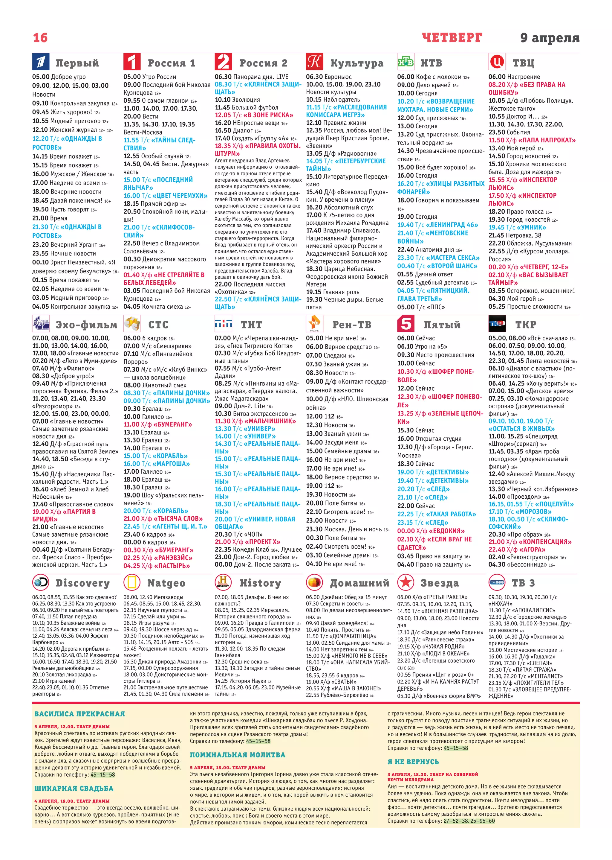 9 апреляЧЕТВЕРГ
Первый
Эхо-фильм СТС ТНТ Рен-ТВ Пятый ТКР
Россия 1 Россия 2 Культура НТВ ТВЦ
16
Natgeo History Домашний Звезда ТВ 3Discovery
05.00 Доброе утро
09.00, 12.00, 15.00, 03.00
Новости
09.10 Контрольная закупка 12+
09.45 Жить здорово! 12+
10.55 Модный приговор 12+
12.10 Женский журнал 12+ 12+
12.20 Т/с «ОДНАЖДЫ В
РОСТОВЕ»
14.15 Время покажет 16+
15.15 Время покажет 16+
16.00 Мужское / Женское 16+
17.00 Наедине со всеми 16+
18.00 Вечерние новости
18.45 Давай поженимся! 16+
19.50 Пусть говорят 16+
21.00 Время
21.30 Т/с «ОДНАЖДЫ В
РОСТОВЕ»
23.20 Вечерний Ургант 16+
23.55 Ночные новости
00.10 Эрнст Неизвестный. «Я
доверяю своему безумству» 16+
01.15 Время покажет 16+
02.05 Наедине со всеми 16+
03.05 Модный приговор 12+
04.05 Контрольная закупка 12+
05.00 Утро России
09.00 Последний бой Николая
Кузнецова 12+
09.55 О самом главном 12+
11.00, 14.00, 17.00, 17.30,
20.00 Вести
11.35, 14.30, 17.10, 19.35
Вести-Москва
11.55 Т/с «ТАЙНЫ СЛЕД-
СТВИЯ»
12.55 Особый случай 12+
14.50, 04.45 Вести. Дежурная
часть
15.00 Т/с «ПОСЛЕДНИЙ
ЯНЫЧАР»
16.00 Т/с «ЦВЕТ ЧЕРЕМУХИ»
18.15 Прямой эфир 12+
20.50 Спокойной ночи, малы-
ши!
21.00 Т/с «СКЛИФОСОВ-
СКИЙ»
22.50 Вечер с Владимиром
Соловьёвым 12+
00.30 Демократия массового
поражения 16+
01.40 Х/ф «НЕ СТРЕЛЯЙТЕ В
БЕЛЫХ ЛЕБЕДЕЙ»
03.05 Последний бой Николая
Кузнецова 12+
04.05 Комната смеха 12+
06.30 Панорама дня. LIVE
08.30 Т/с «КЛЯНЁМСЯ ЗАЩИ-
ЩАТЬ»
10.10 Эволюция
11.45 Большой футбол
12.05 Т/с «В ЗОНЕ РИСКА»
16.20 НЕпростые вещи 16+
16.50 Диалог 16+
17.40 Создать «Группу «А» 16+
18.35 Х/ф «ПРАВИЛА ОХОТЫ.
ШТУРМ»
Агент внедрения Влад Артемьев
получает информацию о готовящей-
ся где-то в горном отеле встрече
ветеранов спецслужб, среди которых
должен присутствовать человек,
имеющий отношение к гибели роди-
телей Влада 30 лет назад в Китае. О
секретной встрече становится также
известно и влиятельному боевику
Халебу Массабу, который давно
охотится за тем, кто организовал
операцию по уничтожению его
старшего брата-террориста. Когда
Влад прибывает в горный отель, он
понимает, что остался единствен-
ным среди гостей, не попавшим в
заложники к группе боевиков под
предводительством Халеба. Влад
решает в одиночку дать бой.
22.00 Последняя миссия
«Охотника» 12+
22.50 Т/с «КЛЯНЁМСЯ ЗАЩИ-
ЩАТЬ»
06.30 Евроньюс
10.00, 15.00, 19.00, 23.10
Новости культуры
10.15 Наблюдатель
11.15 Т/с «РАССЛЕДОВАНИЯ
КОМИССАРА МЕГРЭ»
12.10 Правила жизни
12.35 Россия, любовь моя! Ве-
дущий Пьер Кристиан Броше.
«Эвенки»
13.05 Д/ф «Радиоволна»
14.05 Т/с «ПЕТЕРБУРГСКИЕ
ТАЙНЫ»
15.10 Литературное Передел-
кино
15.40 Д/ф «Всеволод Пудов-
кин. У времени в плену»
16.20 Абсолютный слух
17.00 К 75-летию со дня
рождения Михаила Ромадина
17.40 Владимир Спиваков,
Национальный филармо-
нический оркестр России и
Академический Большой хор
«Мастера хорового пения»
18.30 Царица Небесная.
Феодоровская икона Божией
Матери
19.15 Главная роль
19.30 Черные дыры. Белые
пятна
06.00 Кофе с молоком 12+
09.00 Дело врачей 16+
10.00 Сегодня
10.20 Т/с «ВОЗВРАЩЕНИЕ
МУХТАРА. НОВЫЕ СЕРИИ»
12.00 Суд присяжных 16+
13.00 Сегодня
13.20 Суд присяжных. Оконча-
тельный вердикт 16+
14.30 Чрезвычайное происше-
ствие 16+
15.00 Всё будет хорошо! 16+
16.00 Сегодня
16.20 Т/с «УЛИЦЫ РАЗБИТЫХ
ФОНАРЕЙ»
18.00 Говорим и показываем
16+
19.00 Сегодня
19.40 Т/с «ЛЕНИНГРАД 46»
21.40 Т/с «МЕНТОВСКИЕ
ВОЙНЫ»
22.40 Анатомия дня 16+
23.30 Т/с «МАСТЕРА СЕКСА»
00.40 Т/с «ВТОРОЙ ШАНС»
01.55 Дачный ответ
02.55 Судебный детектив 16+
04.05 Т/с «ПЯТНИЦКИЙ.
ГЛАВА ТРЕТЬЯ»
05.00 Т/с «ППС»
06.00 Настроение
08.20 Х/ф «БЕЗ ПРАВА НА
ОШИБКУ»
10.05 Д/ф «Любовь Полищук.
Жестокое танго»
10.55 Доктор И... 12+
11.30, 14.30, 17.30, 22.00,
23.50 События
11.50 Х/ф «ПАПА НАПРОКАТ»
13.40 Мой герой 12+
14.50 Город новостей 12+
15.10 Хроники московского
быта. Доза для мажора 12+
15.55 Х/ф «ИНСПЕКТОР
ЛЬЮИС»
17.50 Х/ф «ИНСПЕКТОР
ЛЬЮИС»
18.20 Право голоса 16+
19.30 Город новостей 12+
19.45 Т/с «УМНИК»
21.45 Петровка, 38
22.20 Обложка. Мусульманин
22.55 Д/ф «Курсом доллара.
Россия»
00.20 Х/ф «ЧЕТВЕРГ, 12-Е»
02.10 Х/ф «ВАС ВЫЗЫВАЕТ
ТАЙМЫР»
03.55 Осторожно, мошенники!
04.30 Мой герой 12+
05.25 Простые сложности 12+
07.00, 08.00, 09.00, 10.00,
11.00, 13.00, 14.00, 16.00,
17.00, 18.00 «Главные новости»
07.20 М/ф «Лето в Муми-доме»
07.40 М/ф «Филипок»
08.30 «Доброе утро!»
09.40 М/ф «Приключения
поросенка Фунтика. Фильм 2.»
11.20, 13.40, 21.40, 23.30
«Рязгорюмор» 12+
12.00, 15.00, 23.00, 00.00,
07.00 «Главные новости»
Самые заметные рязанские
новости дня 12+
12.40 Д/ф «Страстной путь
православия на Святой Земле»
14.40, 18.50 «Беседа в сту-
дии» 12+
15.40 Д/ф «Наследники Пас-
хальной радости. Часть 1.»
16.40 «Хлеб Земной и Хлеб
Небесный» 12+
17.40 «Православное слово»
19.00 Х/ф «ПАРТИЯ В
БРИДЖ»
21.00 «Главные новости»
Самые заметные рязанские
новости дня. 16+
00.40 Д/ф «Святыни Белару-
си. Фрески Спасо - Преобра-
женской церкви. Часть 1.»
06.00 6 кадров 16+
07.00 М/с «Смешарики»
07.10 М/с «Пингвинёнок
Пороро»
07.30 М/с «М/с «Клуб Винкс»
— школа волшебниц»
08.00 Животный смех
08.30 Т/с «ПАПИНЫ ДОЧКИ»
09.00 Т/с «ПАПИНЫ ДОЧКИ»
09.30 Ералаш 12+
10.00 Галилео 16+
11.00 Х/ф «БУМЕРАНГ»
13.10 Ералаш 12+
13.30 Ералаш 12+
14.00 Ералаш 12+
15.00 Т/с «КОРАБЛЬ»
16.00 Т/с «МАРГОША»
17.00 Галилео 16+
18.00 Ералаш 12+
18.30 Ералаш 12+
19.00 Шоу «Уральских пель-
меней» 16+
20.00 Т/с «КОРАБЛЬ»
21.00 Х/ф «ТЫСЯЧА СЛОВ»
22.45 Т/с «АГЕНТЫ Щ. И. Т.»
23.40 6 кадров 16+
00.00 6 кадров 16+
00.30 Х/ф «БУМЕРАНГ»
02.25 Х/ф «РАНЭВЭЙС»
04.25 Х/ф «ПАСТЫРЬ»
07.00 М/с «Черепашки-нинд-
зя», «Гнев Тигриного Когтя»
07.30 М/с «Губка Боб Квадрат-
ные штаны»
07.55 М/с «Турбо-Агент
Дадли»
08.25 М/с «Пингвины из «Ма-
дагаскара», «Твердая валюта.
Ужас Мадагаскара»
09.00 Дом-2. Lite 16+
10.30 Битва экстрасенсов 16+
11.30 Х/ф «МАЛЬЧИШНИК»
13.30 Т/с «УНИВЕР»
14.00 Т/с «УНИВЕР»
14.30 Т/с «РЕАЛЬНЫЕ ПАЦА-
НЫ»
15.00 Т/с «РЕАЛЬНЫЕ ПАЦА-
НЫ»
15.30 Т/с «РЕАЛЬНЫЕ ПАЦА-
НЫ»
16.00 Т/с «РЕАЛЬНЫЕ ПАЦА-
НЫ»
18.30 Т/с «РЕАЛЬНЫЕ ПАЦА-
НЫ»
20.00 Т/с «УНИВЕР. НОВАЯ
ОБЩАГА»
20.30 Т/с «ЧОП»
21.00 Х/ф «ПРОЕКТ X»
22.35 Комеди Клаб 16+. Лучшее
23.00 Дом-2. Город любви 16+
00.00 Дом-2. После заката 16+
05.00 Не ври мне! 16+
06.00 Верное средство 16+
07.00 Следаки 16+
07.30 Званый ужин 16+
08.30 Новости 16+
09.00 Д/ф «Контакт государ-
ственной важности»
10.00 Д/ф «НЛО. Шпионская
война»
12.00 112 16+
12.30 Новости 16+
13.00 Званый ужин 16+
14.00 Засуди меня 16+
15.00 Семейные драмы 16+
16.00 Не ври мне! 16+
17.00 Не ври мне! 16+
18.00 Верное средство 16+
19.00 112 16+
19.30 Новости 16+
20.00 Поле битвы 16+
22.10 Смотреть всем! 16+
23.00 Новости 16+
23.30 Москва. День и ночь 16+
00.30 Поле битвы 16+
02.40 Смотреть всем! 16+
03.10 Семейные драмы 16+
04.10 Не ври мне! 16+
06.00 Сейчас
06.10 Утро на «5»
09.30 Место происшествия
10.00 Сейчас
10.30 Х/ф «ШОФЕР ПОНЕ-
ВОЛЕ»
12.00 Сейчас
12.30 Х/ф «ШОФЕР ПОНЕВО-
ЛЕ»
13.25 Х/ф «ЗЕЛЕНЫЕ ЦЕПОЧ-
КИ»
15.30 Сейчас
16.00 Открытая студия
17.30 Д/ф «Города - Герои.
Москва»
18.30 Сейчас
19.00 Т/с «ДЕТЕКТИВЫ»
19.40 Т/с «ДЕТЕКТИВЫ»
20.20 Т/с «СЛЕД»
21.10 Т/с «СЛЕД»
22.00 Сейчас
22.25 Т/с «ТАКАЯ РАБОТА»
23.15 Т/с «СЛЕД»
00.00 Х/ф «ЕВДОКИЯ»
02.10 Х/ф «ЕСЛИ ВРАГ НЕ
СДАЕТСЯ»
03.45 Право на защиту 16+
04.40 Право на защиту 16+
05.00, 08.00 «Всё сначала» 16+
06.00, 07.50, 09.00, 10.00,
14.50, 17.00, 18.00, 20.20,
22.30, 01.45 Лента новостей 16+
06.10 «Диалог с властью» (по-
литическое ток-шоу) 16+
06.40, 14.25 «Хочу верить!» 16+
07.00, 15.00 «Детское время»
07.25, 03.10 «Командорские
острова» (документальный
фильм) 16+
09.10, 10.10, 19.00 Т/с
«ОСТАТЬСЯ В ЖИВЫХ»
11.00, 15.25 «Спецотряд
«Шторм»(сериал) 16+
11.45, 03.35 «Храм гроба
господня» (документальный
фильм) 16+
12.40 «Алексей Мишин.Между
звездами» 16+
13.30 «Черный кот.Избранное»
14.00 «Проездом» 16+
16.15, 01.55 Т/с «ПОЦЕЛУЙ!»
17.10 Т/с «МОРОЗОВ»
18.10, 00.50 Т/с «СКЛИФО-
СОФСКИЙ»
20.30 «Про образ» 16+
21.00 Х/ф «КОМПЕНСАЦИЯ»
22.40 Х/ф «АГОРА»
02.40 «Реконструкторы» 16+
04.30 «Бессонница» 16+
06.00, 08.55, 13.55 Как это сделано?
06.25, 08.30, 13.30 Как это устроено
06.50, 09.20 Не пытайтесь повторить
07.40, 11.50 Пятая передача
10.10, 10.35 Багажные войны 12+
11.00, 04.24 Аляска: семья из леса 16+
12.40, 13.05, 03.36, 04.00 Эффект
Карбонаро 12+
14.20, 02.00 Дорога к прибыли 12+
15.10, 15.35, 02.48, 03.12 Махинаторы
16.00, 16.50, 17.40, 18.30, 19.20, 21.50
Реальные дальнобойщики 12+
20.10 Золотая лихорадка 16+
21.00 Игра камней
22.40, 23.05, 01.10, 01.35 Отпетые
риелторы 12+
06.00, 12.40 Мегазаводы
06.45, 08.55, 15.00, 18.45, 22.30,
02.15 Научные глупости 18+
07.15 Сделай или умри 18+
08.15 Игры разума 12+
09.40, 19.30 Шоссе через ад 16+
10.30 Поединок непобедимых 16+
11.10, 14.15, 20.15 Авто - SOS 12+
15.45 Рожденный ползать - летать
может!
16.30 Дикая природа Амазонки 12+
17.15, 00.00 Суперсооружения
18.00, 03.00 Доисторические мон-
стры Гитлера 18+
21.00 Экстремальное путешествие
21.45, 01.30, 04.30 Сила племени 16+
07.00, 18.05 Дельфы. В чем их
важность?
08.05, 15.25, 02.35 Иерусалим.
История священного города 12+
09.00, 16.20 Правда о Галлиполи 12+
09.55, 05.05 Эдвардианская ферма
11.00 Погода, изменившая ход
истории 16+
11.30, 12.00, 18.35 По следам
Ганнибала
12.30 Средние века 12+
13.30, 19.10 Загадки и тайны семьи
Медичи 12+
14.25 История Науки 12+
17.15, 04.20, 06.05, 23.00 Музейные
тайны 12+
06.00 Джейми: Обед за 15 минут
07.30 Секреты и советы 16+
08.00 По делам несовершеннолет-
них 16+
09.40 Давай разведёмся! 16+
10.40 Понять. Простить 16+
11.50 Т/с «ДОМРАБОТНИЦА»
13.00, 02.50 Свидание для мамы 12+
14.00 Нет запретных тем 16+
15.00 Х/ф «НЕМНОГО НЕ В СЕБЕ»
18.00 Т/с «ОНА НАПИСАЛА УБИЙ-
СТВО»
18.55, 23.55 6 кадров 16+
19.00 Х/ф «СВАТЬИ»
20.55 Х/ф «МАША В ЗАКОНЕ!»
22.55 Рублёво-Бирюлёво 16+
06.00 Х/ф «ТРЕТЬЯ РАКЕТА»
07.35, 09.15, 10.00, 12.20, 13.15,
14.50 Т/с «ВОЕННАЯ РАЗВЕДКА»
09.00, 13.00, 18.00, 23.00 Новости
дня
17.10 Д/с «Защищая небо Родины»
18.30 Д/с «Равновесие страха»
19.15 Х/ф «ЧУЖАЯ РОДНЯ»
21.10 Х/ф «ЛЮДИ В ОКЕАНЕ»
23.20 Д/с «Легенды советского
сыска»
00.55 Премия «Щит и роза» 0+
02.20 Х/ф «И НА КАМНЯХ РАСТУТ
ДЕРЕВЬЯ»
05.10 Д/ф «Военная форма ВМФ»
09.30, 10.30, 19.30, 20.30 Т/с
«НЮХАЧ»
11.30 Т/с «АПОКАЛИПСИС»
12.30 Д/с «Городские легенды»
13.30, 18.00, 01.00 Х-Версии. Дру-
гие новости 12+
14.00, 14.30 Д/ф «Охотники за
привидениями»
15.00 Мистические истории 16+
16.00, 16.30 Д/ф «Гадалка»
17.00, 17.30 Т/с «СЛЕПАЯ»
18.30 Т/с «ПЯТАЯ СТРАЖА»
21.30, 22.20 Т/с «МЕНТАЛИСТ»
23.15 Х/ф «ПОХИТИТЕЛИ ТЕЛ»
01.30 Т/с «ЗЛОВЕЩЕЕ ПРЕДУПРЕ-
ЖДЕНИЕ»
ВАСИЛИСА ПРЕКРАСНАЯ
5 АПРЕЛЯ, 12.00. ТЕАТР ДРАМЫ
Красочный спектакль по мотивам русских народных ска-
зок. Зрителей ждут известные персонажи: Василиса, Иван,
Кощей Бессмертный о др. Главные герои, благодаря своей
доброте, любви и отваге, выходят победителями в борьбе
с силами зла, а сказочные сюрпризы и волшебные превра-
щения делают эту историю удивительной и незабываемой.
Справки по телефону: 45–15–58
ШИКАРНАЯ СВАДЬБА
4 АПРЕЛЯ, 19.00. ТЕАТР ДРАМЫ
Свадебное торжество — это всегда весело, волшебно, ши-
карно… А вот сколько курьезов, проблем, приятных (и не
очень) сюрпризов может возникнуть во время подготов-
ки этого праздника, известно, пожалуй, только уже вступившим в брак,
а также участникам комедии «Шикарная свадьба» по пьесе Р. Хоудона.
Приглашаем всех зрителей стать «почетными свидетелями» свадебного
переполоха на сцене Рязанского театра драмы!
Справки по телефону: 45–15–58
ПОМИНАЛЬНАЯ МОЛИТВА
5 АПРЕЛЯ, 18.00. ТЕАТР ДРАМЫ
Эта пьеса незабвенного Григория Горина давно уже стала классикой отече-
ственной драматургии. История о людях, о том, как многое нас разделяет:
язык, традиции и обычаи предков, разные вероисповедания; история
о мире, в котором мы живем, и о том, как порой выжить в нем становится
почти невыполнимой задачей.
В спектакле затрагиваются темы, близкие людям всех национальностей:
счастье, любовь, поиск Бога и своего места в этом мире.
Действие пронизано тонким юмором, комическое тесно переплетается
с трагическим. Много музыки, песен и танцев! Ведь герои спектакля не
только грустят по поводу поистине трагических ситуаций в их жизни, но
и радуются — ведь жизнь есть жизнь, и в ней есть место не только печали,
но и веселью! И в большинстве случаев  трудностям, выпавшим на их долю,
герои спектакля противостоят с присущим им юмором!
Справки по телефону: 45–15–58
Я НЕ ВЕРНУСЬ
3 АПРЕЛЯ, 18.30. ТЕАТР НА СОБОРНОЙ
ПОЧТИ МЕЛОДРАМА
Аня — воспитанница детского дома. Но в ее жизни все складывается
более чем удачно. Пока однажды она не оказывается вне закона. Чтобы
спастись, ей надо опять стать подростком. Почти мелодрама… почти
фарс… почти детектив… почти трагедия… Зрителю предоставляется
возможность самому разобраться  в хитросплетениях сюжета.
Справки по телефону: 27–52–38, 25–95–60
 