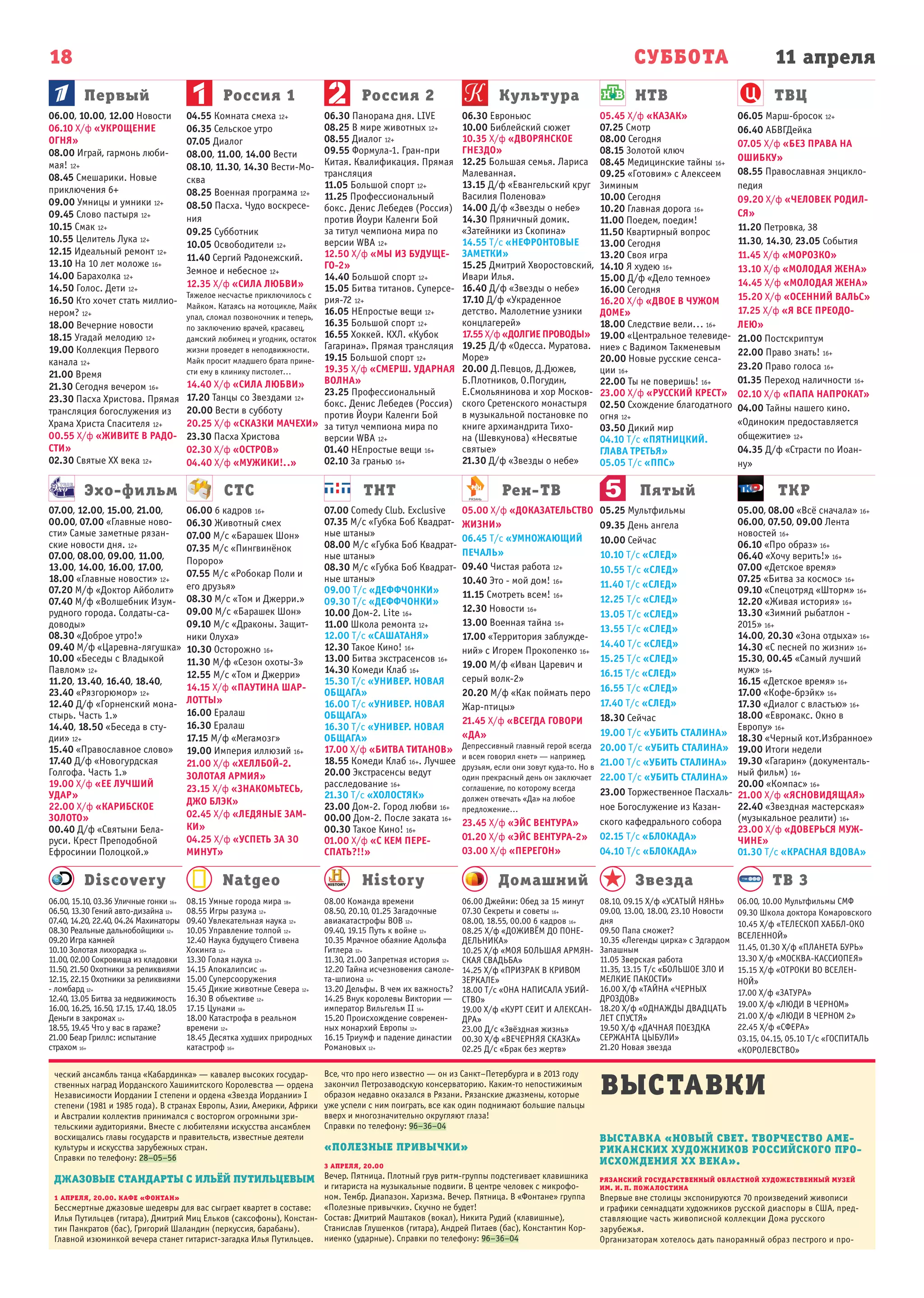 11 апреляСУББОТА
Первый
Эхо-фильм СТС ТНТ Рен-ТВ Пятый ТКР
Россия 1 Россия 2 Культура НТВ ТВЦ
18
Natgeo History Домашний Звезда ТВ 3Discovery
06.00, 10.00, 12.00 Новости
06.10 Х/ф «УКРОЩЕНИЕ
ОГНЯ»
08.00 Играй, гармонь люби-
мая! 12+
08.45 Смешарики. Новые
приключения 6+
09.00 Умницы и умники 12+
09.45 Слово пастыря 12+
10.15 Смак 12+
10.55 Целитель Лука 12+
12.15 Идеальный ремонт 12+
13.10 На 10 лет моложе 16+
14.00 Барахолка 12+
14.50 Голос. Дети 12+
16.50 Кто хочет стать миллио-
нером? 12+
18.00 Вечерние новости
18.15 Угадай мелодию 12+
19.00 Коллекция Первого
канала 12+
21.00 Время
21.30 Сегодня вечером 16+
23.30 Пасха Христова. Прямая
трансляция богослужения из
Храма Христа Спасителя 12+
00.55 Х/ф «ЖИВИТЕ В РАДО-
СТИ»
02.30 Святые XX века 12+
04.55 Комната смеха 12+
06.35 Сельское утро
07.05 Диалог
08.00, 11.00, 14.00 Вести
08.10, 11.30, 14.30 Вести-Мо-
сква
08.25 Военная программа 12+
08.50 Пасха. Чудо воскресе-
ния
09.25 Субботник
10.05 Освободители 12+
11.40 Сергий Радонежский.
Земное и небесное 12+
12.35 Х/ф «СИЛА ЛЮБВИ»
Тяжелое несчастье приключилось с
Майком. Катаясь на мотоцикле, Майк
упал, сломал позвоночник и теперь,
по заключению врачей, красавец,
дамский любимец и угодник, остаток
жизни проведет в неподвижности.
Майк просит младшего брата прине-
сти ему в клинику пистолет…
14.40 Х/ф «СИЛА ЛЮБВИ»
17.20 Танцы со Звездами 12+
20.00 Вести в субботу
20.25 Х/ф «СКАЗКИ МАЧЕХИ»
23.30 Пасха Христова
02.30 Х/ф «ОСТРОВ»
04.40 Х/ф «МУЖИКИ!..»
06.30 Панорама дня. LIVE
08.25 В мире животных 12+
08.55 Диалог 12+
09.55 Формула-1. Гран-при
Китая. Квалификация. Прямая
трансляция
11.05 Большой спорт 12+
11.25 Профессиональный
бокс. Денис Лебедев (Россия)
против Йоури Каленги Бой
за титул чемпиона мира по
версии WBA 12+
12.50 Х/ф «МЫ ИЗ БУДУЩЕ-
ГО-2»
14.40 Большой спорт 12+
15.05 Битва титанов. Суперсе-
рия-72 12+
16.05 НЕпростые вещи 12+
16.35 Большой спорт 12+
16.55 Хоккей. КХЛ. «Кубок
Гагарина». Прямая трансляция
19.15 Большой спорт 12+
19.35 Х/ф «СМЕРШ. УДАРНАЯ
ВОЛНА»
23.25 Профессиональный
бокс. Денис Лебедев (Россия)
против Йоури Каленги Бой
за титул чемпиона мира по
версии WBA 12+
01.40 НЕпростые вещи 16+
02.10 За гранью 16+
06.30 Евроньюс
10.00 Библейский сюжет
10.35 Х/ф «ДВОРЯНСКОЕ
ГНЕЗДО»
12.25 Большая семья. Лариса
Малеванная.
13.15 Д/ф «Евангельский круг
Василия Поленова»
14.00 Д/ф «Звезды о небе»
14.30 Пряничный домик.
«Затейники из Скопина»
14.55 Т/с «НЕФРОНТОВЫЕ
ЗАМЕТКИ»
15.25 Дмитрий Хворостовский,
Ивари Илья.
16.40 Д/ф «Звезды о небе»
17.10 Д/ф «Украденное
детство. Малолетние узники
концлагерей»
17.55 Х/ф «ДОЛГИЕ ПРОВОДЫ»
19.25 Д/ф «Одесса. Муратова.
Море»
20.00 Д.Певцов, Д.Дюжев,
Б.Плотников, О.Погудин,
Е.Смольянинова и хор Москов-
ского Сретенского монастыря
в музыкальной постановке по
книге архимандрита Тихо-
на (Шевкунова) «Несвятые
святые»
21.30 Д/ф «Звезды о небе»
05.45 Х/ф «КАЗАК»
07.25 Смотр
08.00 Сегодня
08.15 Золотой ключ
08.45 Медицинские тайны 16+
09.25 «Готовим» с Алексеем
Зиминым
10.00 Сегодня
10.20 Главная дорога 16+
11.00 Поедем, поедим!
11.50 Квартирный вопрос
13.00 Сегодня
13.20 Своя игра
14.10 Я худею 16+
15.00 Д/ф «Дело темное»
16.00 Сегодня
16.20 Х/ф «ДВОЕ В ЧУЖОМ
ДОМЕ»
18.00 Следствие вели... 16+
19.00 «Центральное телевиде-
ние» с Вадимом Такменевым
20.00 Новые русские сенса-
ции 16+
22.00 Ты не поверишь! 16+
23.00 Х/ф «РУССКИЙ КРЕСТ»
02.50 Схождение благодатного
огня 12+
03.50 Дикий мир
04.10 Т/с «ПЯТНИЦКИЙ.
ГЛАВА ТРЕТЬЯ»
05.05 Т/с «ППС»
06.05 Марш-бросок 12+
06.40 АБВГДейка
07.05 Х/ф «БЕЗ ПРАВА НА
ОШИБКУ»
08.55 Православная энцикло-
педия
09.20 Х/ф «ЧЕЛОВЕК РОДИЛ-
СЯ»
11.20 Петровка, 38
11.30, 14.30, 23.05 События
11.45 Х/ф «МОРОЗКО»
13.10 Х/ф «МОЛОДАЯ ЖЕНА»
14.45 Х/ф «МОЛОДАЯ ЖЕНА»
15.20 Х/ф «ОСЕННИЙ ВАЛЬС»
17.25 Х/ф «Я ВСЕ ПРЕОДО-
ЛЕЮ»
21.00 Постскриптум
22.00 Право знать! 16+
23.20 Право голоса 16+
01.35 Переход наличности 16+
02.10 Х/ф «ПАПА НАПРОКАТ»
04.00 Тайны нашего кино.
«Одиноким предоставляется
общежитие» 12+
04.35 Д/ф «Страсти по Иоан-
ну»
07.00, 12.00, 15.00, 21.00,
00.00, 07.00 «Главные ново-
сти» Самые заметные рязан-
ские новости дня. 12+
07.00, 08.00, 09.00, 11.00,
13.00, 14.00, 16.00, 17.00,
18.00 «Главные новости» 12+
07.20 М/ф «Доктор Айболит»
07.40 М/ф «Волшебник Изум-
рудного города. Солдаты-са-
доводы»
08.30 «Доброе утро!»
09.40 М/ф «Царевна-лягушка»
10.00 «Беседы с Владыкой
Павлом» 12+
11.20, 13.40, 16.40, 18.40,
23.40 «Рязгорюмор» 12+
12.40 Д/ф «Горненский мона-
стырь. Часть 1.»
14.40, 18.50 «Беседа в сту-
дии» 12+
15.40 «Православное слово»
17.40 Д/ф «Новогурдская
Голгофа. Часть 1.»
19.00 Х/ф «ЕЕ ЛУЧШИЙ
УДАР»
22.00 Х/ф «КАРИБСКОЕ
ЗОЛОТО»
00.40 Д/ф «Святыни Бела-
руси. Крест Преподобной
Ефросинии Полоцкой.»
06.00 6 кадров 16+
06.30 Животный смех
07.00 М/с «Барашек Шон»
07.35 М/с «Пингвинёнок
Пороро»
07.55 М/с «Робокар Поли и
его друзья»
08.30 М/с «Том и Джерри.»
09.00 М/с «Барашек Шон»
09.10 М/с «Драконы. Защит-
ники Олуха»
10.30 Осторожно 16+
11.30 М/ф «Сезон охоты-3»
12.55 М/с «Том и Джерри»
14.15 Х/ф «ПАУТИНА ШАР-
ЛОТТЫ»
16.00 Ералаш
16.30 Ералаш
17.15 М/ф «Мегамозг»
19.00 Империя иллюзий 16+
21.00 Х/ф «ХЕЛЛБОЙ-2.
ЗОЛОТАЯ АРМИЯ»
23.15 Х/ф «ЗНАКОМЬТЕСЬ,
ДЖО БЛЭК»
02.45 Х/ф «ЛЕДЯНЫЕ ЗАМ-
КИ»
04.25 Х/ф «УСПЕТЬ ЗА 30
МИНУТ»
07.00 Comedy Club. Exclusive
07.35 М/с «Губка Боб Квадрат-
ные штаны»
08.00 М/с «Губка Боб Квадрат-
ные штаны»
08.30 М/с «Губка Боб Квадрат-
ные штаны»
09.00 Т/с «ДЕФФЧОНКИ»
09.30 Т/с «ДЕФФЧОНКИ»
10.00 Дом-2. Lite 16+
11.00 Школа ремонта 12+
12.00 Т/с «САШАТАНЯ»
12.30 Такое Кино! 16+
13.00 Битва экстрасенсов 16+
14.30 Комеди Клаб 16+
15.30 Т/с «УНИВЕР. НОВАЯ
ОБЩАГА»
16.00 Т/с «УНИВЕР. НОВАЯ
ОБЩАГА»
16.30 Т/с «УНИВЕР. НОВАЯ
ОБЩАГА»
17.00 Х/ф «БИТВА ТИТАНОВ»
18.55 Комеди Клаб 16+. Лучшее
20.00 Экстрасенсы ведут
расследование 16+
21.30 Т/с «ХОЛОСТЯК»
23.00 Дом-2. Город любви 16+
00.00 Дом-2. После заката 16+
00.30 Такое Кино! 16+
01.00 Х/ф «С КЕМ ПЕРЕ-
СПАТЬ?!!»
05.00 Х/ф «ДОКАЗАТЕЛЬСТВО
ЖИЗНИ»
06.45 Т/с «УМНОЖАЮЩИЙ
ПЕЧАЛЬ»
09.40 Чистая работа 12+
10.40 Это - мой дом! 16+
11.15 Смотреть всем! 16+
12.30 Новости 16+
13.00 Военная тайна 16+
17.00 «Территория заблужде-
ний» с Игорем Прокопенко 16+
19.00 М/ф «Иван Царевич и
серый волк-2»
20.20 М/ф «Как поймать перо
Жар-птицы»
21.45 Х/ф «ВСЕГДА ГОВОРИ
«ДА»
Депрессивный главный герой всегда
и всем говорил «нет» — например,
друзьям, если они зовут куда-то. Но в
один прекрасный день он заключает
соглашение, по которому всегда
должен отвечать «Да» на любое
предложение…
23.45 Х/ф «ЭЙС ВЕНТУРА»
01.20 Х/ф «ЭЙС ВЕНТУРА-2»
03.00 Х/ф «ПЕРЕГОН»
05.25 Мультфильмы
09.35 День ангела
10.00 Сейчас
10.10 Т/с «СЛЕД»
10.55 Т/с «СЛЕД»
11.40 Т/с «СЛЕД»
12.25 Т/с «СЛЕД»
13.05 Т/с «СЛЕД»
13.55 Т/с «СЛЕД»
14.40 Т/с «СЛЕД»
15.25 Т/с «СЛЕД»
16.15 Т/с «СЛЕД»
16.55 Т/с «СЛЕД»
17.40 Т/с «СЛЕД»
18.30 Сейчас
19.00 Т/с «УБИТЬ СТАЛИНА»
20.00 Т/с «УБИТЬ СТАЛИНА»
21.00 Т/с «УБИТЬ СТАЛИНА»
22.00 Т/с «УБИТЬ СТАЛИНА»
23.00 Торжественное Пасхаль-
ное Богослужение из Казан-
ского кафедрального собора
02.15 Т/с «БЛОКАДА»
04.10 Т/с «БЛОКАДА»
05.00, 08.00 «Всё сначала» 16+
06.00, 07.50, 09.00 Лента
новостей 16+
06.10 «Про образ» 16+
06.40 «Хочу верить!» 16+
07.00 «Детское время»
07.25 «Битва за космос» 16+
09.10 «Спецотряд «Шторм» 16+
12.20 «Живая история» 16+
13.30 «Зимний рыбатлон -
2015» 16+
14.00, 20.30 «Зона отдыха» 16+
14.30 «С песней по жизни» 16+
15.30, 00.45 «Самый лучший
муж» 16+
16.15 «Детское время» 16+
17.00 «Кофе-брэйк» 16+
17.30 «Диалог с властью» 16+
18.00 «Евромакс. Окно в
Европу» 16+
18.30 «Черный кот.Избранное»
19.00 Итоги недели
19.30 «Гагарин» (документаль-
ный фильм) 16+
20.00 «Компас» 16+
21.00 Х/ф «ЯСНОВИДЯЩАЯ»
22.40 «Звездная мастерская»
(музыкальное реалити) 16+
23.00 Х/ф «ДОВЕРЬСЯ МУЖ-
ЧИНЕ»
01.30 Т/с «КРАСНАЯ ВДОВА»
06.00, 15.10, 03.36 Уличные гонки 16+
06.50, 13.30 Гений авто-дизайна 12+
07.40, 14.20, 22.40, 04.24 Махинаторы
08.30 Реальные дальнобойщики 12+
09.20 Игра камней
10.10 Золотая лихорадка 16+
11.00, 02.00 Сокровища из кладовки
11.50, 21.50 Охотники за реликвиями
12.15, 22.15 Охотники за реликвиями
- ломбард 12+
12.40, 13.05 Битва за недвижимость
16.00, 16.25, 16.50, 17.15, 17.40, 18.05
Деньги в закромах 12+
18.55, 19.45 Что у вас в гараже?
21.00 Беар Гриллс: испытание
страхом 16+
08.15 Умные города мира 18+
08.55 Игры разума 12+
09.40 Увлекательная наука 12+
10.05 Управление толпой 12+
12.40 Наука будущего Стивена
Хокинга 12+
13.30 Голая наука 12+
14.15 Апокалипсис 18+
15.00 Суперсооружения
15.45 Дикие животные Севера 12+
16.30 В объективе 12+
17.15 Цунами 18+
18.00 Катастрофа в реальном
времени 12+
18.45 Десятка худших природных
катастроф 16+
08.00 Команда времени
08.50, 20.10, 01.25 Загадочные
авиакатастрофы ВОВ 12+
09.40, 19.15 Путь к войне 12+
10.35 Мрачное обаяние Адольфа
Гитлера 12+
11.30, 21.00 Запретная история 12+
12.20 Тайна исчезновения самоле-
та-шпиона 12+
13.20 Дельфы. В чем их важность?
14.25 Внук королевы Виктории —
император Вильгельм II 16+
15.20 Происхождение современ-
ных монархий Европы 12+
16.15 Триумф и падение династии
Романовых 12+
06.00 Джейми: Обед за 15 минут
07.30 Секреты и советы 16+
08.00, 18.55, 00.00 6 кадров 16+
08.25 Х/ф «ДОЖИВЁМ ДО ПОНЕ-
ДЕЛЬНИКА»
10.25 Х/ф «МОЯ БОЛЬШАЯ АРМЯН-
СКАЯ СВАДЬБА»
14.25 Х/ф «ПРИЗРАК В КРИВОМ
ЗЕРКАЛЕ»
18.00 Т/с «ОНА НАПИСАЛА УБИЙ-
СТВО»
19.00 Х/ф «КУРТ СЕИТ И АЛЕКСАН-
ДРА»
23.00 Д/с «Звёздная жизнь»
00.30 Х/ф «ВЕЧЕРНЯЯ СКАЗКА»
02.25 Д/с «Брак без жертв»
08.10, 09.15 Х/ф «УСАТЫЙ НЯНЬ»
09.00, 13.00, 18.00, 23.10 Новости
дня
09.50 Папа сможет?
10.35 «Легенды цирка» с Эдгардом
Запашным
11.05 Зверская работа
11.35, 13.15 Т/с «БОЛЬШОЕ ЗЛО И
МЕЛКИЕ ПАКОСТИ»
16.00 Х/ф «ТАЙНА «ЧЕРНЫХ
ДРОЗДОВ»
18.20 Х/ф «ОДНАЖДЫ ДВАДЦАТЬ
ЛЕТ СПУСТЯ»
19.50 Х/ф «ДАЧНАЯ ПОЕЗДКА
СЕРЖАНТА ЦЫБУЛИ»
21.20 Новая звезда
06.00, 10.00 Мультфильмы СМФ
09.30 Школа доктора Комаровского
10.45 Х/ф «ТЕЛЕСКОП ХАББЛ-ОКО
ВСЕЛЕННОЙ»
11.45, 01.30 Х/ф «ПЛАНЕТА БУРЬ»
13.30 Х/ф «МОСКВА-КАССИОПЕЯ»
15.15 Х/ф «ОТРОКИ ВО ВСЕЛЕН-
НОЙ»
17.00 Х/ф «ЗАТУРА»
19.00 Х/ф «ЛЮДИ В ЧЕРНОМ»
21.00 Х/ф «ЛЮДИ В ЧЕРНОМ 2»
22.45 Х/ф «СФЕРА»
03.15, 04.15, 05.10 Т/с «ГОСПИТАЛЬ
«КОРОЛЕВСТВО»
ческий ансамбль танца «Кабардинка» — кавалер высоких государ-
ственных наград Иорданского Хашимитского Королевства — ордена
Независимости Иордании I степени и ордена «Звезда Иордании» I
степени (1981 и 1985 года). В странах Европы, Азии, Америки, Африки
и Австралии коллектив принимался с восторгом огромными зри-
тельскими аудиториями. Вместе с любителями искусства ансамблем
восхищались главы государств и правительств, известные деятели
культуры и искусства зарубежных стран.
Справки по телефону: 28–05–56
ДЖАЗОВЫЕ СТАНДАРТЫ С ИЛЬЁЙ ПУТИЛЬЦЕВЫМ
1 АПРЕЛЯ, 20.00. КАФЕ «ФОНТАН»
Бессмертные джазовые шедевры для вас сыграет квартет в составе:
Илья Путильцев (гитара), Дмитрий Миц Ельков (саксофоны), Констан-
тин Панкратов (бас), Григорий Шаландин (перкуссия, барабаны).
Главной изюминкой вечера станет гитарист-загадка Илья Путильцев.
Все, что про него известно — он из Санкт–Петербурга и в 2013 году
закончил Петрозаводскую консерваторию. Каким-то непостижимым
образом недавно оказался в Рязани. Рязанские джазмены, которые
уже успели с ним поиграть, все как один поднимают большие пальцы
вверх и многозначительно округляют глаза!
Справки по телефону: 96–36–04
«ПОЛЕЗНЫЕ ПРИВЫЧКИ»
3 АПРЕЛЯ, 20.00
Вечер. Пятница. Плотный грув ритм-группы подстегивает клавишника
и гитариста на музыкальные подвиги. В центре человек с микрофо-
ном. Тембр. Диапазон. Харизма. Вечер. Пятница. В «Фонтане» группа
«Полезные привычки». Скучно не будет!
Состав: Дмитрий Маштаков (вокал), Никита Рудий (клавишные),
Станислав Глушенков (гитара), Андрей Питаев (бас), Константин Кор-
ниенко (ударные). Справки по телефону: 96–36–04
ВЫСТАВКА «НОВЫЙ СВЕТ. ТВОРЧЕСТВО АМЕ-
РИКАНСКИХ ХУДОЖНИКОВ РОССИЙСКОГО ПРО-
ИСХОЖДЕНИЯ ХХ ВЕКА».
РЯЗАНСКИЙ ГОСУДАРСТВЕННЫЙ ОБЛАСТНОЙ ХУДОЖЕСТВЕННЫЙ МУЗЕЙ
ИМ. И. П. ПОЖАЛОСТИНА
Впервые вне столицы экспонируются 70 произведений живописи
и графики семнадцати художников русской диаспоры в США, пред-
ставляющие часть живописной коллекции Дома русского
зарубежья.
Организаторам хотелось дать панорамный образ пестрого и про-
ВЫСТАВКИ
 