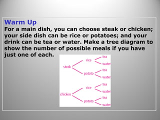 Warm Up
For a main dish, you can choose steak or chicken;
your side dish can be rice or potatoes; and your
drink can be tea or water. Make a tree diagram to
show the number of possible meals if you have
just one of each.
 