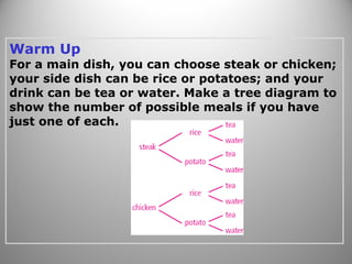 Warm Up
For a main dish, you can choose steak or chicken;
your side dish can be rice or potatoes; and your
drink can be tea or water. Make a tree diagram to
show the number of possible meals if you have
just one of each.
 