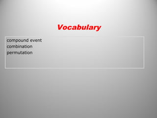 compound event
combination
permutation
Vocabulary
 