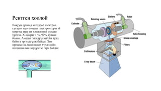 Рентген хоолой
Вакуум орчинд катодоос электрон
сугаран гарч анодыг электрон хүчтэй
мөргөж маш их хэмжээний дулаан
үүссэн. Х-цацраг 1 %, 99% дулаан
болно. Анодыг элэгдүүлэхгүйн тулд
байнга эргэлдүүлж байдаг. Энэ
процесс нь маш өндөр хүчдэлийн
потенциалын зөрүүнээс гарч байдаг.
 