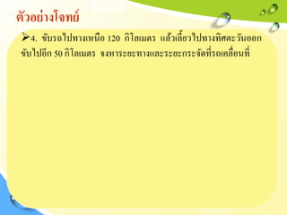 ตัวอย่างโจทย์
4. ขับรถไปทางเหนือ 120 กิโลเมตร แล้วเลี้ยวไปทางทิศตะวันออก
ขับไปอีก 50 กิโลเมตร จงหาระยะทางและระยะกระจัดที่รถเคลื่อนที่
 