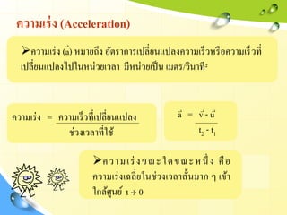ความเร่ง (Acceleration)
ความเร่ง (a) หมายถึง อัตราการเปลี่ยนแปลงความเร็วหรือความเร็วที่
เปลี่ยนแปลงไปในหน่วยเวลา มีหน่วยเป็น เมตร/วินาที²
ความเร่ง = ความเร็วที่เปลี่ยนแปลง
ช่วงเวลาที่ใช้
ความเร่ งขณะใดขณะหนึ่ ง คือ
ความเร่งเฉลี่ยในช่วงเวลาสั้นมาก ๆ เข้า
ใกล้ศูนย์ t  0
a = v - u
t2 - t1
 