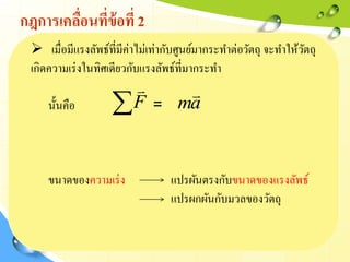 กฎการเคลื่อนที่ข้อที่ 2
 เมื่อมีแรงลัพธ์ที่มีค่าไม่เท่ากับศูนย์มากระทาต่อวัตถุ จะทาให้วัตถุ
เกิดความเร่งในทิศเดียวกับแรงลัพธ์ที่มากระทา
นั้นคือ =
ขนาดของความเร่ง แปรผันตรงกับขนาดของแรงลัพธ์
แปรผกผันกับมวลของวัตถุ
F

am

 