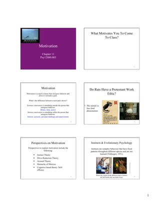 1
1
Motivation
Chapter 11
Psy12000.003
2
What Motivates You To Come
To Class?
3
Motivation
Motivation is a need or desire that energizes behavior and
directs it towards a goal.
What’s the difference between a need and a desire?
Extrinsic motivation is something outside the person that
energizes behavior.
Money, fame, power
Intrinsic motivation is something within the person that
energizes behavior.
Interest, curiosity, personal challenge and improvement
4
Do Rats Have a Protestant Work
Ethic?
•  The earned vs.
free food
phenomenon
5
Perspectives on Motivation
Perspectives to explain motivation include the
following:
  Instinct Theory
  Drive-Reduction Theory
  Arousal Theory
  Hierarchy of Motives
  Cognitive based theory: Self-
efficacy
6
Instincts & Evolutionary Psychology
Instincts are complex behaviors that have fixed
patterns throughout different species and are not
learned (Tinbergen, 1951).
Where the woman builds different kinds of houses
the bird builds only one kind of nest.
©ArielSkelley/Masterfile
TonyBrandenburg/BruceColeman,Inc.
 