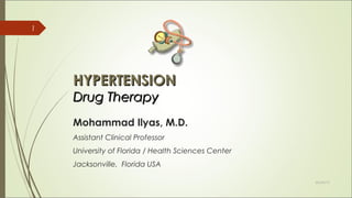 HYPERTENSIONHYPERTENSION
Drug TherapyDrug Therapy
Mohammad Ilyas, M.D.
Assistant Clinical Professor
University of Florida / Health Sciences Center
Jacksonville, Florida USA
05/24/15
1
 