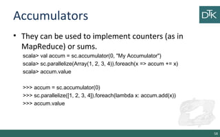 Accumulators
• They can be used to implement counters (as in
MapReduce) or sums.
scala> val accum = sc.accumulator(0, "My Accumulator")
scala> sc.parallelize(Array(1, 2, 3, 4)).foreach(x => accum += x)
scala> accum.value
>>> accum = sc.accumulator(0)
>>> sc.parallelize([1, 2, 3, 4]).foreach(lambda x: accum.add(x))
>>> accum.value
58
 