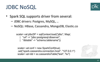 JDBC NoSQL
• Spark SQL supports driver from several:
– JDBC drivers: Postgres, MySQL, ..
– NoSQL: HBase, Cassandra, MongoDB, Elastic.co
67
scala> val jdbcDF = sqlContext.load("jdbc", Map(
| "url" -> "jdbc:postgresql:dbserver",
| "dbtable" -> "schema.tablename"))
scala> val conf = new SparkConf(true)
.set("spark.cassandra.connection.host", "127.0.0.1")
scala> val rdd = sc.cassandraTable("test", "kv")
 
