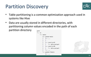 Partition Discovery
• Table partitioning is a common optimization approach used in
systems like Hive
• Data are usually stored in different directories, with
partitioning column values encoded in the path of each
partition directory
70
 