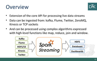 Overview
• Extension of the core API for processing live data streams
• Data can be ingested from: kafka, Flume, Twitter, ZeroMQ,
Kinesis or TCP sockets
• And can be processed using complex algorithms expressed
with high-level functions like map, reduce, join and window.
73
 