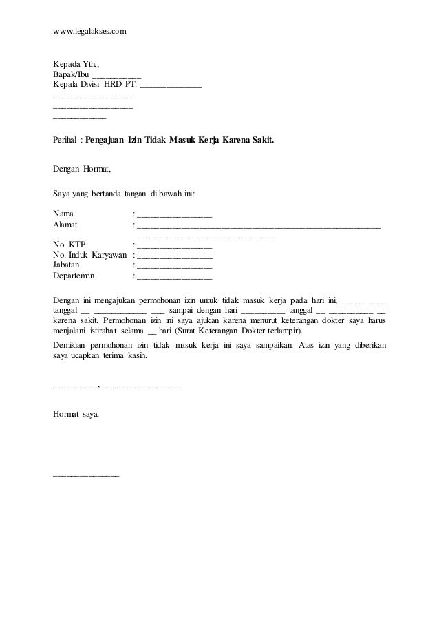 surat izin tidak masuk kerja karena sakit