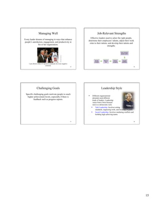 15
85
Managing Well
Every leader dreams of managing in ways that enhance
people’s satisfaction, engagement, and productivity in
his or her organization.
Larry Brown offers 4-5 positive comments for every negative
comment.
EzraShaw/GettyImages
86
Job-Relevant Strengths
Effective leaders need to select the right people,
determine their employees’ talents, adjust their work
roles to their talents, and develop their talents and
strengths.
87
Challenging Goals
Specific challenging goals motivate people to reach
higher achievement levels, especially if there is
feedback such as progress reports.
88
Leadership Style
  Different organizational
demands need different
kinds of leaders. Leadership
varies from a boss-focused
style to a democratic style.
  Task Leadership: Involves setting
standards, organizing work, and focusing on goals.
  Social Leadership: Involves mediating conflicts and
building high achieving teams.
 