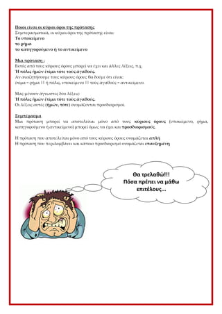 Ποιοι είναι οι κύριοι όροι της πρότασης
Συμπερασματικά, οι κύριοι όροι της πρότασης είναι:
Το υποκείμενο
το ρήμα
το κατηγορούμενο ή το αντικείμενο
Μια πρόταση :
Εκτός από τους κύριους όρους μπορεί να έχει και άλλες λέξεις, π.χ.
Ἡ πόλις ἡμῶν ἐτίμα τότε τοὺς ἀγαθούς.
Αν αναζητήσουμε τους κύριους όρους θα δούμε ότι είναι:
ἐτίμα = ρήμα || ἡ πόλις, υποκείμενο || τοὺς ἀγαθούς = αντικείμενο.
Μας μένουν άγνωστες δύο λέξεις:
Ἡ πόλις ἡμῶν ἐτίμα τότε τοὺς ἀγαθούς.
Οι λέξεις αυτές (ἡμῶν, τότε) ονομάζονται προσδιορισμοί.
Συμπέρασμα
Μια πρόταση μπορεί να αποτελείται μόνο από τους κύριους όρους (υποκείμενο, ρήμα,
κατηγορούμενο ή αντικείμενο) μπορεί όμως να έχει και προσδιορισμούς.
Η πρόταση που αποτελείται μόνο από τους κύριους όρους ονομάζεται απλή
Η πρόταση που περιλαμβάνει και κάποιο προσδιορισμό ονομάζεται επαυξημένη
Θα τρελαθώ!!!
Πόσα πρέπει να μάθω
επιτέλους...
 
