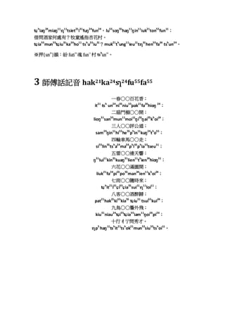 th
ia24
mia11
s11
tsiet21
i31
fu24
fun24
，lu55
so55
ha11
in11
iuk21
ton55
fun11
；
借問酒家何處有？牧童遙指杏花村。
tia55
mun55
tiu31
ka24
ho11
tsh
u55
iu31
？muk21
th
ung11
ieu11
ts31
hen55
fa24
tsh
un24
。
※押{un24
}韻：紛 fun24
魂 fun11
村 tsh
un24
。
3 師傅話記音 hak21ka24s24fu55fa55
一春○○百花香；
it21
tsh
un24
ni55
niu55
pak21
fa24
hio 24
；
二扇門楣○○開；
lio31
san55
mun11
moi11
i55
ai55
kh
oi24
；
三人○○評公道；
sam24
in11
hi55
he55
ph
in11
ku24
th
o55
；
四輪車馬○○走；
si55
lin55
tsh
a24
ma24
ph
i55
ph
ia55
tseu31
；
五雷○○連天響；
31
lui11
kin31
kua31
lien11
th
ien24
hio31
；
六花○○滿園開；
liuk21
fa24
pi55
po55
man24
ien11
kh
oi24
；
七雨○○隨時來；
th
it21
i31
i55
ia55
sui11
s11
loi11
；
八客○○酒醉歸；
pat21
hak21
ki55
kia55
tiu31
tsui55
kui24
；
九鳥○○簷外飛；
kiu31
niau24
ti55
tia55
iam11
oi55
pi24
；
十行ㄔ亍問秀才。
sp5
ha11
tsh
it21
tsh
ok21
mun55
siu55
tsh
oi11
。
 