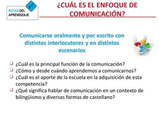 RUTAS DEL
APRENDIZAJE
 ¿Cuál es la principal función de la comunicación?
 ¿Cómo y desde cuándo aprendemos a comunicarnos?
 ¿Cuál es el aporte de la escuela en la adquisición de esta
competencia?
 ¿Qué significa hablar de comunicación en un contexto de
bilingüismo y diversas formas de castellano?
 