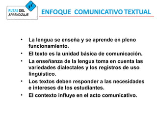 RUTAS DEL
APRENDIZAJE
• La lengua se enseña y se aprende en pleno
funcionamiento.
• El texto es la unidad básica de comunicación.
• La enseñanza de la lengua toma en cuenta las
variedades dialectales y los registros de uso
lingüístico.
• Los textos deben responder a las necesidades
e intereses de los estudiantes.
• El contexto influye en el acto comunicativo.
 