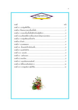 ง
สารบัญภาพประกอบ
ภาพที่ หน้า
ภาพที่ 8.1 การปลูกพืชไร้ดิน..........................................................................................................1
ภาพที่ 8.2 ขั้นตอนการเพาะเลี้ยงเนื้อเยื่อ....................................................................................3
ภาพที่ 8.3 การเพาะเลี้ยงเนื้อเยื่อพืชในห้องปฏิบัติการ...............................................................4
ภาพที่ 8.4 มะเขือเทศที่มีการเปลี่ยนแปลงสารพันธุกรรม(GMOs)............................................5
ภาพที่ 8.5 การปลูกพืชแบบขั้นบันได........................................................................................7
ภาพที่ 8.6 ด้วงเต่า......................................................................................................................8
ภาพที่ 8.7 มวนเพชฌฆาต..........................................................................................................8
ภาพที่ 8.8 ตั๊กแตนตาข้าวจับกินเหยื่อ.......................................................................................9
ภาพที่ 8.9 แมลงช้างปีกใส.........................................................................................................9
ภาพที่ 8.10 แมลงปอ................................................................................................................9
ภาพที่ 8.11 มดกินแมลง............................................................................................................9
ภาพที่ 8.12 แตนเบียน.................................................................................................................9
ภาพที่ 8.13 แมลงเบียนหนอนดักแด้..........................................................................................9
ภาพที่ 8.14 ผีเสื้อกลางคืนชนิดต่าง ๆ .....................................................................................10
ภาพที่ 8.15 การปลูกผักกวางตุ้งไร้ดิน..........................................................................................12
 