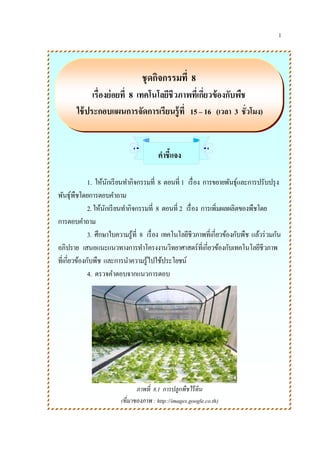 1
ชุดกิจกรรมที่ 8
เรื่องย่อยที่ 8 เทคโนโลยีชีวภาพที่เกี่ยวข้องกับพืช
ใช้ประกอบแผนการจัดการเรียนรู้ที่ 15 – 16 (เวลา 3 ชั่วโมง)
คาชี้แจง
1. ให้นักเรียนทากิจกรรมที่ 8 ตอนที่ 1 เรื่อง การขยายพันธุ์และการปรับปรุง
พันธุ์พืชโดยการตอบคาถาม
2.ให้นักเรียนทากิจกรรมที่ 8 ตอนที่ 2 เรื่อง การเพิ่มผลผลิตของพืชโดย
การตอบคาถาม
3. ศึกษาใบความรู้ที่ 8 เรื่อง เทคโนโลยีชีวภาพที่เกี่ยวข้องกับพืช แล้วร่วมกัน
อภิปราย เสนอแนะแนวทางการทาโครงงานวิทยาศาสตร์ที่เกี่ยวข้องกับเทคโนโลยีชีวภาพ
ที่เกี่ยวข้องกับพืช และการนาความรู้ไปใช้ประโยชน์
4. ตรวจคาตอบจากแนวการตอบ
ภาพที่ 8.1 การปลูกพืชไร้ดิน
(ที่มาของภาพ : http://images.google.co.th)
 