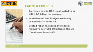 www.jotun.com
FACTS & FIGURES
• Corrosion cost in UAE is estimated to be
US$ 12.5 billion (Dr. Nagi/AUD)
• More than 65.000 bridges use epoxy
coated rebars in the US
• Coated rebar has saved the federal
highways over US$ 50 billion in the US
(Paul Virimany, Corcon 2007)
 
