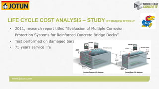 www.jotun.com
• 2011, research report titled “Evaluation of Multiple Corrosion
Protection Systems for Reinforced Concrete Bridge Decks”
• Test performed on damaged bars
• 75 years service life
LIFE CYCLE COST ANALYSIS – STUDY BY MATHEW O’REILLY
 