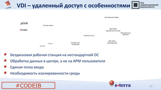 VDI – удаленный доступ с особенностями
Доставка
приложений
Доставка
удаленных столов
Принтер
Сканер
Тонкий клиент
Центральный офис
Маршрутизатор
Виртуальные
машины
Ноутбук или
стационар
Бездисковая рабочая станция на нестандартной ОС
Обработка данных в центре, а не на АРМ пользователя
Единая точка входа
Необходимость изолированности среды
#CODEIB 12
 