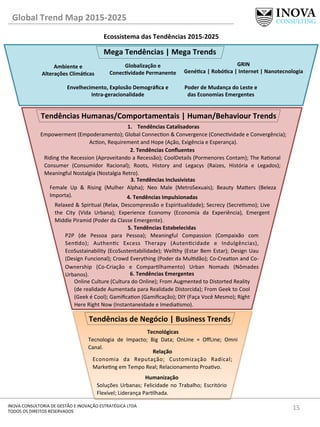 15	
  INOVA	
  CONSULTORIA	
  DE	
  GESTÃO	
  E	
  INOVAÇÃO	
  ESTRATÉGICA	
  LTDA	
  
TODOS	
  OS	
  DIREITOS	
  RESERVADOS	
  
Ecossistema	
  das	
  Tendências	
  2015-­‐2025	
  
Global	
  Trend	
  Map	
  2015-­‐2025	
  
Mega	
  Tendências	
  |	
  Mega	
  Trends	
  
Tendências	
  Humanas/Comportamentais	
  |	
  Human/Behaviour	
  Trends	
  
Tendências	
  de	
  Negócio	
  |	
  Business	
  Trends	
  
Ambiente	
  e	
  
Alterações	
  ClimáQcas	
  
Envelhecimento,	
  Explosão	
  Demográﬁca	
  e	
  
Intra-­‐geracionalidade	
  
Poder	
  de	
  Mudança	
  do	
  Leste	
  e	
  
das	
  Economias	
  Emergentes	
  
Globalização	
  e	
  
ConecQvidade	
  Permanente	
  
GRIN	
  
GenéQca	
  |	
  RobóQca	
  |	
  Internet	
  |	
  Nanotecnologia	
  
1.  Tendências	
  Catalisadoras	
  
Empowerment	
  (Empoderamento);	
  Global	
  Connecon	
  &	
  Convergence	
  (Conecvidade	
  e	
  Convergência);	
  
Acon,	
  Requirement	
  and	
  Hope	
  (Ação,	
  Exigência	
  e	
  Esperança).	
  
2.	
  Tendências	
  Conﬂuentes 	
   	
  	
  
Riding	
  the	
  Recession	
  (Aproveitando	
  a	
  Recessão);	
  CoolDetails	
  (Pormenores	
  Contam);	
  The	
  Raonal	
  
Consumer	
   (Consumidor	
   Racional);	
   Roots,	
   History	
   and	
   Legacys	
   (Raizes,	
   História	
   e	
   Legados);	
  
Meaningful	
  Nostalgia	
  (Nostalgia	
  Retro).	
  
3.	
  Tendências	
  Inclusivistas 	
   	
  	
  
Female	
   Up	
   &	
   Rising	
   (Mulher	
   Alpha);	
   Neo	
   Male	
   (MetroSexuais);	
   Beauty	
   Ma„ers	
   (Beleza	
  
Importa).	
   4.	
  Tendências	
  Impulsionadas 	
   	
  	
  
Relaxed	
  &	
  Spiritual	
  (Relax,	
  Descompressão	
  e	
  Espiritualidade);	
  Secrecy	
  (Secresmo);	
  Live	
  
the	
   City	
   (Vida	
   Urbana);	
   Experience	
   Economy	
   (Economia	
   da	
   Experiência),	
   Emergent	
  
Middle	
  Piramid	
  (Poder	
  da	
  Classe	
  Emergente).	
  
5.	
  Tendências	
  Estabelecidas 	
   	
  	
  
P2P	
   (de	
   Pessoa	
   para	
   Pessoa);	
   Meaningful	
   Compassion	
   (Compaixão	
   com	
  
Sendo);	
   Authenc	
   Excess	
   Therapy	
   (Autencidade	
   e	
   Indulgências),	
  
EcoSustainability	
  (EcoSustentabilidade);	
  Wellthy	
  (Estar	
  Bem	
  Estar);	
  Design	
  Uau	
  
(Design	
  Funcional);	
  Crowd	
  Everything	
  (Poder	
  da	
  Muldão);	
  Co-­‐Creaon	
  and	
  Co-­‐
Ownership	
   (Co-­‐Criação	
   e	
   Comparlhamento)	
   Urban	
   Nomads	
   (Nômades	
  
Urbanos).	
   6.	
  Tendências	
  Emergentes 	
  	
  
Online	
  Culture	
  (Cultura	
  do	
  Online);	
  From	
  Augmented	
  to	
  Distorted	
  Reality	
  
(de	
  realidade	
  Aumentada	
  para	
  Realidade	
  Distorcida);	
  From	
  Geek	
  to	
  Cool	
  
(Geek	
  é	
  Cool);	
  Gamiﬁcaon	
  (Gamiﬁcação);	
  DIY	
  (Faça	
  Você	
  Mesmo);	
  Right	
  
Here	
  Right	
  Now	
  (Instantaneidade	
  e	
  Imediasmo).	
  
Tecnológicas 	
  	
  
Tecnologia	
   de	
   Impacto;	
   Big	
   Data;	
   OnLine	
   =	
   OﬀLine;	
   Omni	
  
Canal.	
  	
  	
  
Relação	
  	
  
Economia	
   da	
   Reputação;	
   Customização	
   Radical;	
  
Markeng	
  em	
  Tempo	
  Real;	
  Relacionamento	
  Proavo.	
  
Humanização	
  
Soluções	
  Urbanas;	
  Felicidade	
  no	
  Trabalho;	
  Escritório	
  
Flexível;	
  Liderança	
  Parlhada.	
  
 