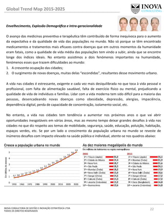 22	
  INOVA	
  CONSULTORIA	
  DE	
  GESTÃO	
  E	
  INOVAÇÃO	
  ESTRATÉGICA	
  LTDA	
  
TODOS	
  OS	
  DIREITOS	
  RESERVADOS	
  
Global	
  Trend	
  Map	
  2015-­‐2025	
  
Envelhecimento,	
  Explosão	
  Demográﬁca	
  e	
  Intra-­‐geracionalidade	
  
	
  
O	
  avanço	
  das	
  medicinas	
  prevenva	
  e	
  terapêuca	
  têm	
  contribuído	
  de	
  forma	
  inequívoca	
  para	
  o	
  aumento	
  
da	
  expectava	
  e	
  da	
  qualidade	
  de	
  vida	
  das	
  populações	
  no	
  mundo.	
  Não	
  só	
  porque	
  se	
  têm	
  encontrado	
  
medicamentos	
  e	
  tratamentos	
  mais	
  eﬁcazes	
  contra	
  doenças	
  que	
  em	
  outros	
  momentos	
  da	
  humanidade	
  
eram	
  fatais,	
  como	
  a	
  qualidade	
  de	
  vida	
  média	
  das	
  populações	
  tem	
  vindo	
  a	
  subir,	
  ainda	
  que	
  se	
  encontre	
  
longe	
   dos	
   índices	
   ideais.	
   No	
   entanto	
   assismos	
   a	
   dois	
   fenómenos	
   importantes	
   na	
   humanidade,	
  
fenómenos	
  esses	
  que	
  trazem	
  diﬁculdades	
  ao	
  mundo:	
  
1.  A	
  crescente	
  ocupação	
  das	
  cidades;	
  
2.  O	
  surgimento	
  de	
  novas	
  doenças,	
  muitas	
  delas	
  “escondidas”,	
  resultantes	
  desse	
  movimento	
  urbano.	
  
	
  
A	
  vida	
  nas	
  cidades	
  é	
  estressante,	
  exigente	
  e	
  cada	
  vez	
  mais	
  desiquilibrada	
  no	
  que	
  toca	
  à	
  vida	
  pessoal	
  e	
  
proﬁssional,	
   com	
   falta	
   de	
   alimentação	
   saudável,	
   falta	
   de	
   exercício	
   €sico	
   ou	
   mental,	
   prejudicando	
   a	
  
qualidade	
  de	
  vida	
  de	
  indivíduos	
  e	
  famílias.	
  Lidar	
  com	
  a	
  vida	
  moderna	
  tem	
  sido	
  di€cil	
  para	
  a	
  maioria	
  das	
  
pessoas,	
   desencadeando	
   novas	
   doenças	
   como	
   obesidade,	
   depressão,	
   alergias,	
   impaciência,	
  
dependência	
  digital,	
  perda	
  de	
  capacidade	
  de	
  concentração,	
  isolamento	
  social,	
  etc.	
  
	
  
No	
   entanto,	
   a	
   vida	
   nas	
   cidades	
   tem	
   tendência	
   a	
   aumentar	
   nos	
   próximos	
   anos	
   o	
   que	
   vai	
   abrir	
  
oportunidades	
  inesgotáveis	
  em	
  várias	
  áreas,	
  mas	
  ao	
  mesmo	
  tempo	
  deixar	
  grandes	
  desaﬁos	
  à	
  vida	
  nas	
  
cidades	
  no	
  que	
  diz	
  respeito	
  aos	
  temas	
  de	
  mobilidade,	
  segurança,	
  saúde,	
  educação,	
  poluição,	
  habitação,	
  
espaços	
   verdes,	
   etc.	
   Se	
   por	
   um	
   lado	
   o	
   crescimento	
   da	
   população	
   urbana	
   no	
   mundo	
   se	
   reveste	
   de	
  
inúmeros	
  desaﬁos	
  com	
  impacto	
  elevado	
  na	
  saúde	
  pública	
  e	
  individual,	
  atente-­‐se	
  nos	
  quadros	
  abaixo:	
  
	
  
	
  
	
  
	
  
	
  
	
  
	
  
	
  
 
