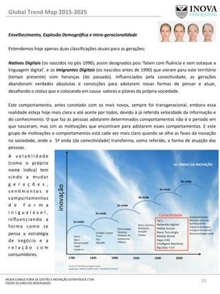 25	
  INOVA	
  CONSULTORIA	
  DE	
  GESTÃO	
  E	
  INOVAÇÃO	
  ESTRATÉGICA	
  LTDA	
  
TODOS	
  OS	
  DIREITOS	
  RESERVADOS	
  
Global	
  Trend	
  Map	
  2015-­‐2025	
  
Envelhecimento,	
  Explosão	
  Demográﬁca	
  e	
  Intra-­‐geracionalidade	
  
	
  
Entendemos	
  hoje	
  apenas	
  duas	
  classiﬁcações	
  atuais	
  para	
  as	
  gerações:	
  
	
  
Na@vos	
  Digitais	
  (os	
  nascidos	
  no	
  pós	
  1990),	
  assim	
  designados	
  pois	
  ‘falam	
  com	
  ﬂuência	
  e	
  sem	
  sotaque	
  a	
  
linguagem	
  digital’,	
  e	
  os	
  Imigrantes	
  Digitais	
  (os	
  nascidos	
  antes	
  de	
  1990)	
  que	
  vieram	
  para	
  este	
  território	
  
(tempo	
   presente)	
   com	
   heranças	
   (do	
   passado).	
   Inﬂuenciados	
   pela	
   conecvidade,	
   as	
   gerações	
  
abandonam	
   verdades	
   absolutas	
   e	
   convicções	
   para	
   adotarem	
   novas	
   formas	
   de	
   pensar	
   e	
   atuar,	
  
desaﬁando	
  o	
  status	
  quo	
  e	
  colocando	
  em	
  causa	
  	
  valores	
  e	
  pilares	
  da	
  própria	
  sociedade.	
  	
  
	
  
Este	
   comportamento,	
   antes	
   conotado	
   com	
   os	
   mais	
   novos,	
   sempre	
   foi	
   transgeracional,	
   embora	
   essa	
  
realidade	
  esteja	
  hoje	
  mais	
  clara	
  e	
  até	
  aceite	
  por	
  todos,	
  devido	
  à	
  já	
  referida	
  velocidade	
  da	
  informação	
  e	
  
do	
  conhecimento.	
  O	
  que	
  faz	
  as	
  pessoas	
  adotarem	
  determinados	
  comportamentos	
  não	
  é	
  o	
  período	
  em	
  
que	
  nasceram,	
  mas	
  sim	
  as	
  movações	
  que	
  encontram	
  para	
  adotarem	
  esses	
  comportamentos.	
  E	
  este	
  
grupo	
  de	
  movações	
  e	
  comportamentos	
  está	
  cada	
  vez	
  mais	
  claro	
  quando	
  se	
  olha	
  as	
  fases	
  da	
  inovação	
  
na	
  sociedade,	
  onde	
  a	
   	
  5ª	
  onda	
  (da	
  conecvidade)	
  transforma,	
  como	
  referido,	
  a	
  forma	
  de	
  atuação	
  das	
  
pessoas.	
  
A	
   v o l a  l i d a d e	
  
(como	
   o	
   próprio	
  
nome	
   indica)	
   tem	
  
vindo	
   a	
   mudar	
  
g e r a ç õ e s ,	
  
s e n  m e n t o s	
   e	
  
comportamentos	
  
d e 	
   f o r m a	
  
i n i g u a l á v e l ,	
  
inﬂuenciando	
   a	
  
forma	
   como	
   se	
  
pensa	
   a	
   estratégia	
  
de	
   negócio	
   e	
   a	
  
r e l a ç ã o 	
   c o m	
  
consumidores.	
  
 