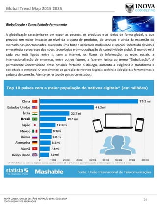 26	
  INOVA	
  CONSULTORIA	
  DE	
  GESTÃO	
  E	
  INOVAÇÃO	
  ESTRATÉGICA	
  LTDA	
  
TODOS	
  OS	
  DIREITOS	
  RESERVADOS	
  
Global	
  Trend	
  Map	
  2015-­‐2025	
  
Globalização	
  e	
  Conec@vidade	
  Permanente	
  
	
  
A	
   globalização	
   caracteriza-­‐se	
   por	
   expor	
   as	
   pessoas,	
   os	
   produtos	
   e	
   as	
   ideias	
   de	
   forma	
   global,	
   o	
   que	
  
provoca	
   um	
   maior	
   impacto	
   ao	
   nível	
   da	
   procura	
   de	
   produtos,	
   de	
   serviços	
   e	
   ainda	
   da	
   expansão	
   do	
  
mercado	
  das	
  oportunidades,	
  sugerindo	
  uma	
  forte	
  e	
  acelerada	
  mobilidade	
  e	
  ligação,	
  sobretudo	
  devido	
  à	
  
emergência	
  e	
  progresso	
  das	
  novas	
  tecnologias	
  e	
  democrazação	
  da	
  conecvidade	
  global.	
  O	
  mundo	
  está	
  
cada	
   vez	
   mais	
   ligado	
   entre	
   si,	
   com	
   a	
   internet,	
   os	
   ﬂuxos	
   de	
   informação,	
   as	
   redes	
   sociais,	
   a	
  
internacionalização	
   de	
   empresas,	
   entre	
   outros	
   fatores,	
   a	
   fazerem	
   jusça	
   ao	
   termo	
   “Globalização”.	
   A	
  
permanente	
   conecvidade	
   entre	
   pessoas	
   fortalece	
   o	
   diálogo,	
   aumenta	
   a	
   exigência	
   e	
   transforma	
   a	
  
sociedade	
  e	
  o	
  mundo.	
  O	
  crescimento	
  da	
  geração	
  de	
  Navos	
  Digitais	
  acelera	
  a	
  adoção	
  das	
  ferramentas	
  e	
  
gadgets	
  de	
  conexão.	
  Atente-­‐se	
  no	
  top	
  de	
  países	
  conectados:	
  
 
